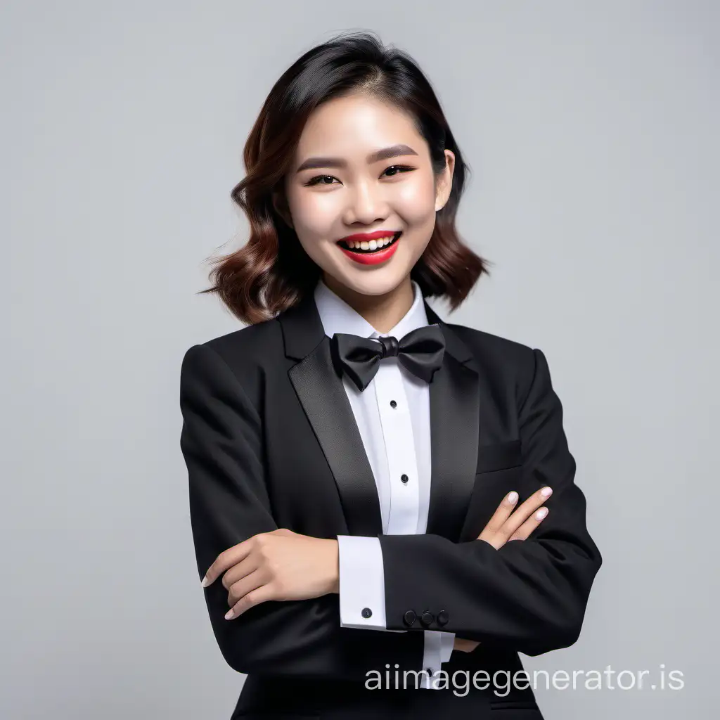 best quality image of cute and sophisticated and confident vietnamese woman with shoulder length hair and  lipstick wearing a formal tuxedo with a white shirt with cufflinks and a black bow tie, folding her arms, laughing and smiling