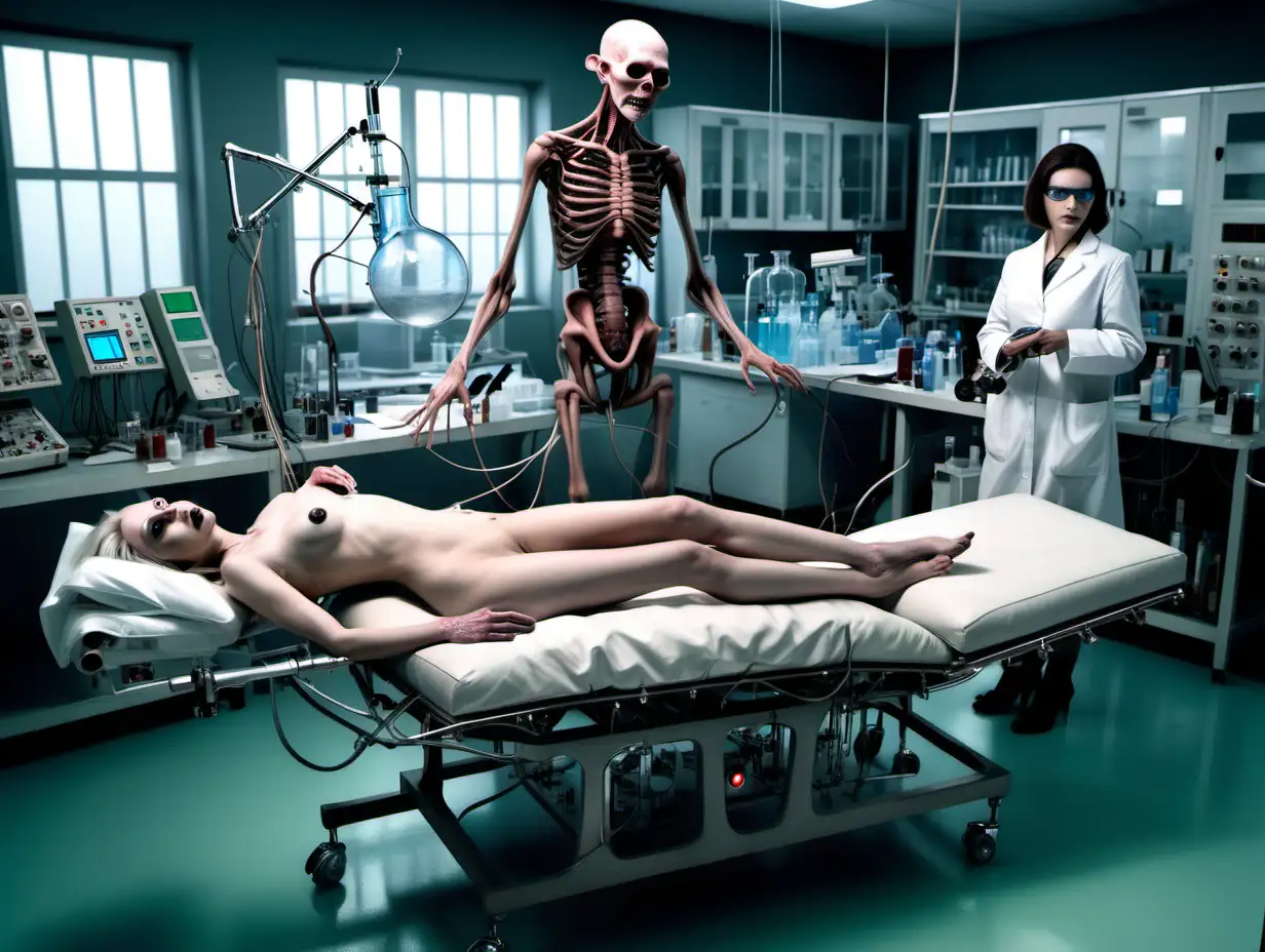 Realistic highly detailed photography. A  laboratory with lots of strange-looking technical devices . A (pretty naked woman, strapped to a lounger) is the involuntary test subject. (a creepy scientist at her side)