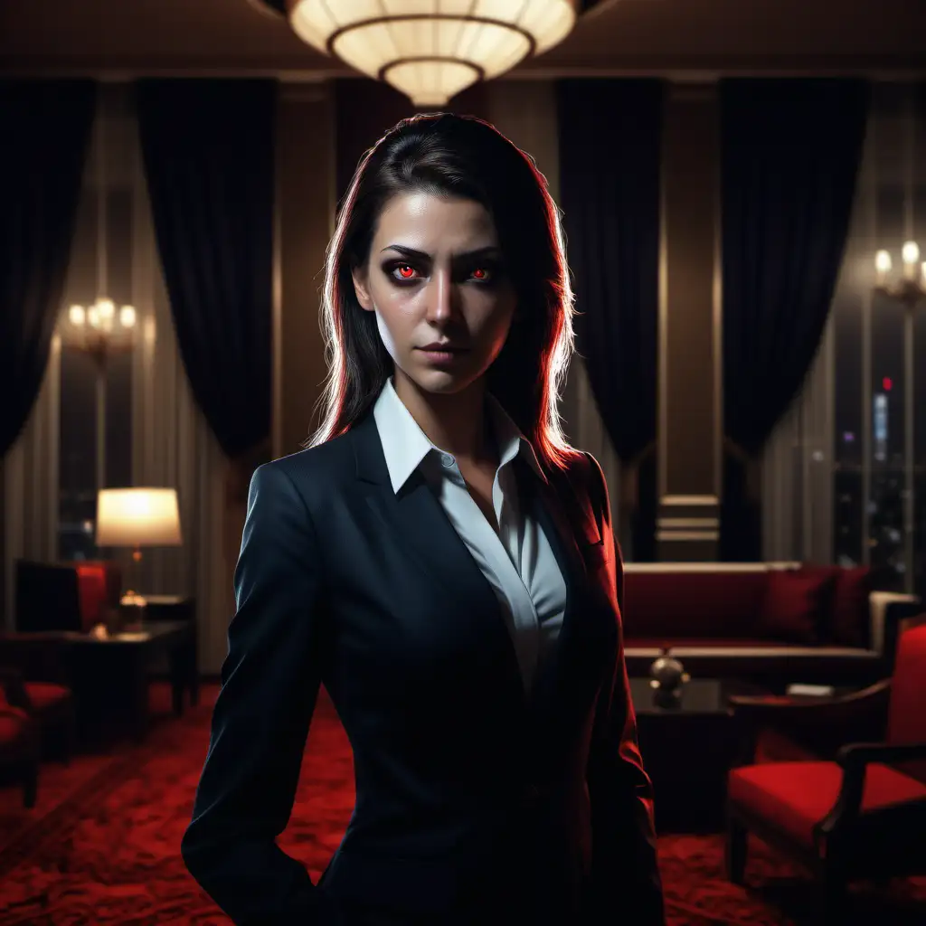 A female Hecata, seneschal, red eyes, businesswoman, inside a fancy room, at night, realistic