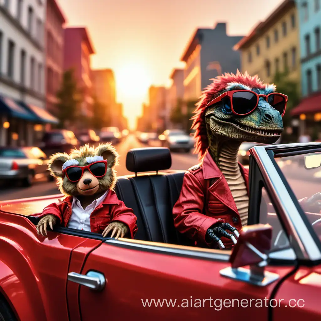 Велоцираптор и маленький медвежонок в тёмных очках едут в красном кабриолете в красивом городе и слушают музыку  на закате.