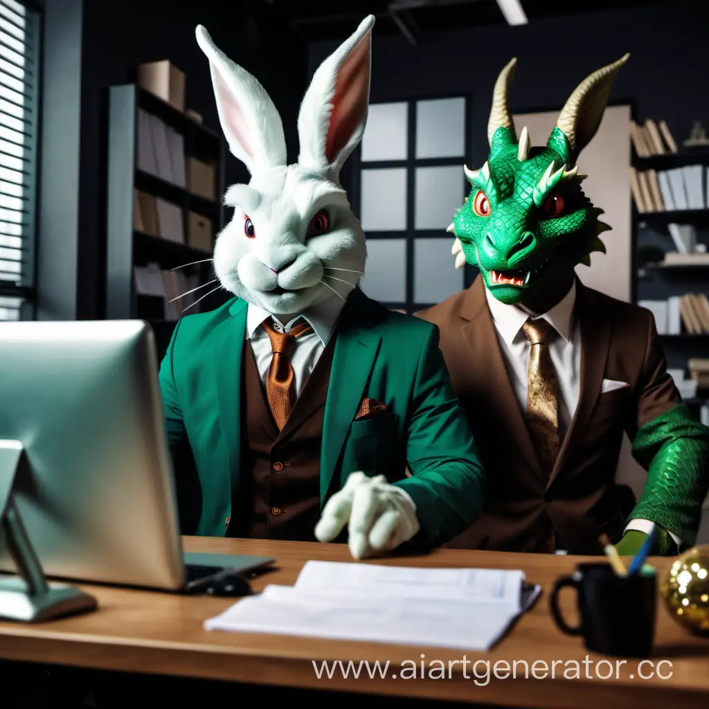 Белый Кролик работает в офисе за компьютером, за ним стоит начальник зеленый Дракон в коричневом деловом костюме, вокруг новогодняя атмосфера