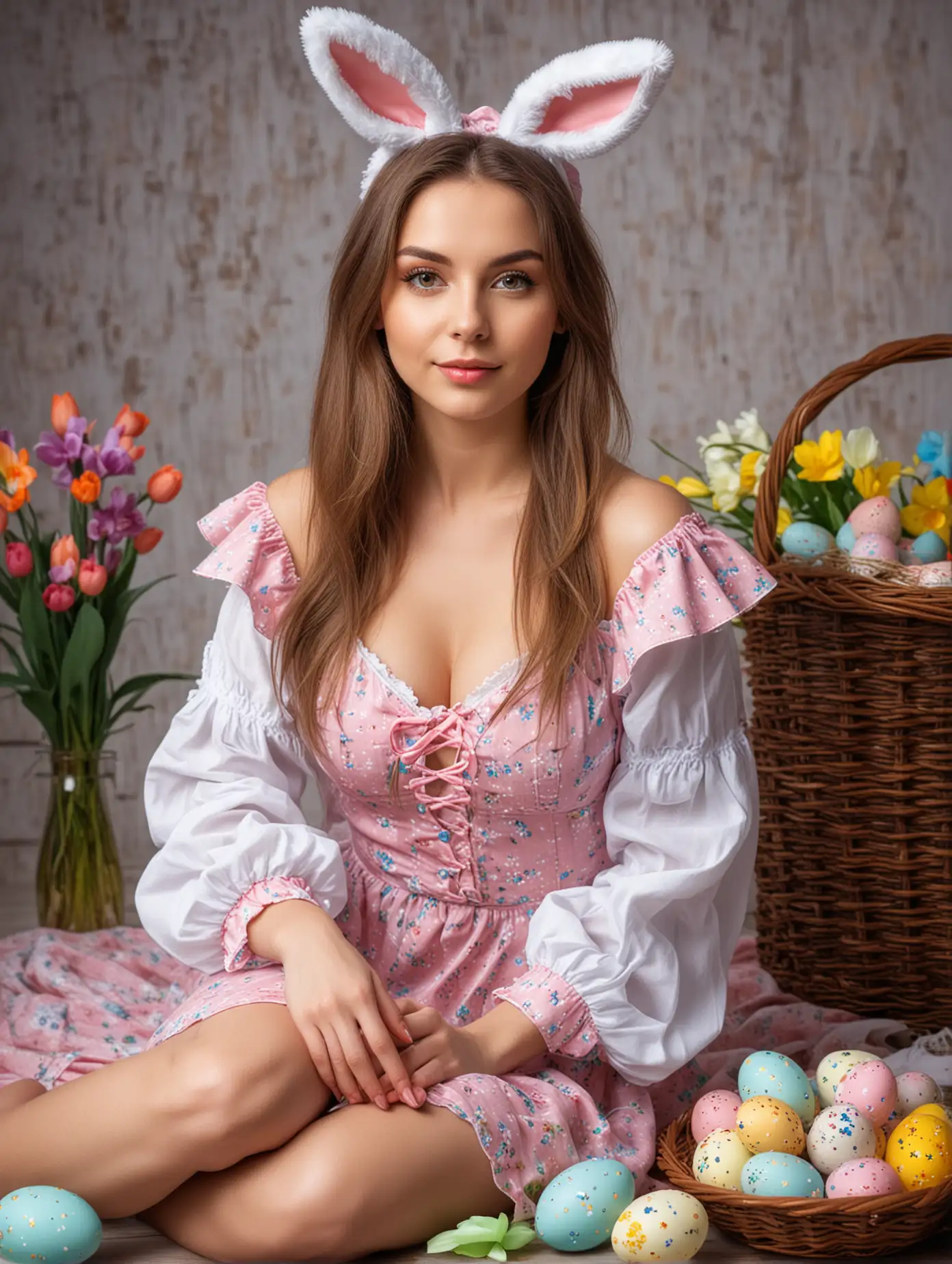 Easter-related theme photography, sexy Ukrainian girl, exquisite facial features, sexy Easter-themed clothes, in an Easter indoor scene, facing the camera, professional photography techniques, full body photo