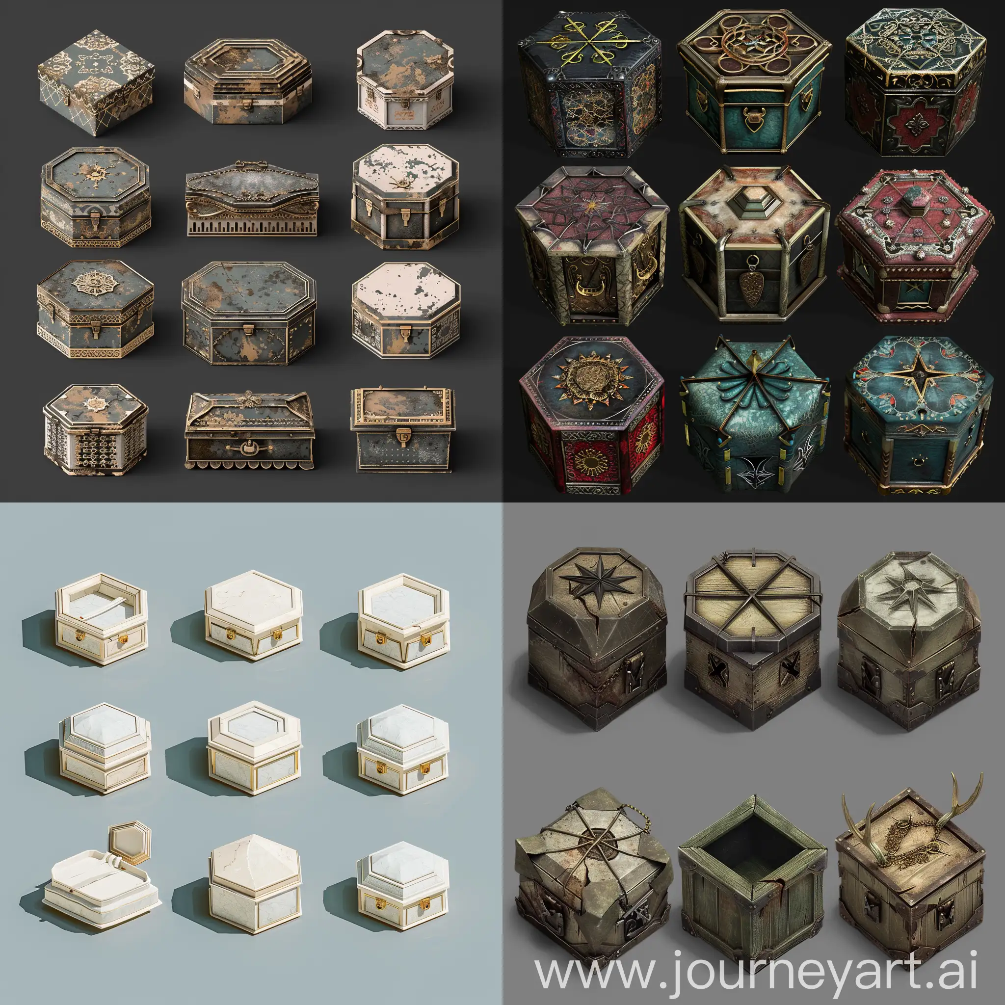 realistic photo of isometric set of worn pentagon jewelry boxes in style of unreal engine 5 3d asset, isometric set --chaos 20
