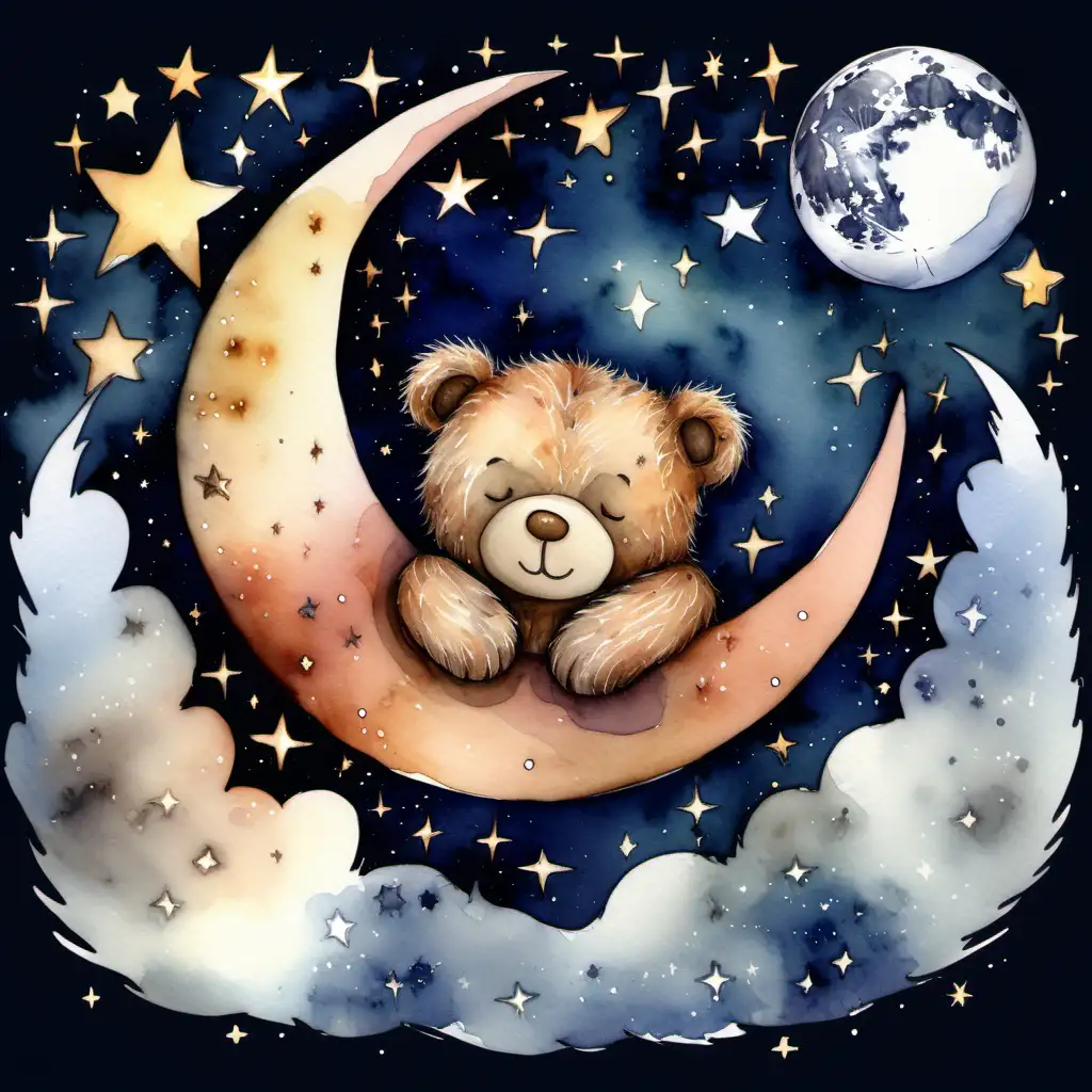 lurvig nalle björn sover på en måne med stjärnbeströdd himmel bakom , i vattenfärg
