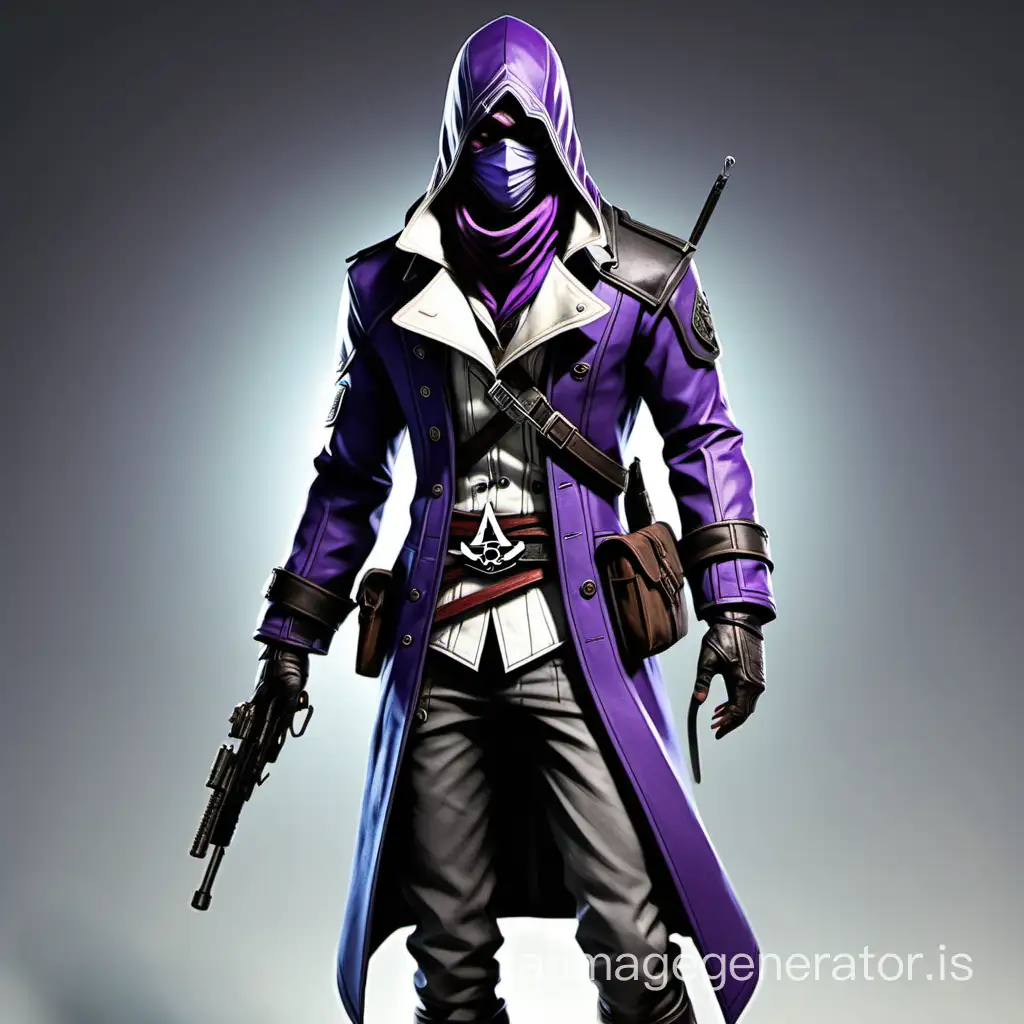 A 27-year-old guy. Tall, in a white-purple coat that transitions to a dark color below with the emblem from the game Assassin Creed on the shoulder, wearing a black turtleneck and a half-face mask in purple. Carrying the sniper rifle 'Kord' on the back. Medium-length hairstyle with a grayish tint. Eyes of two colors, blue and purple. Has multiple compartments on the belt for various small items. Slightly Korean appearance.