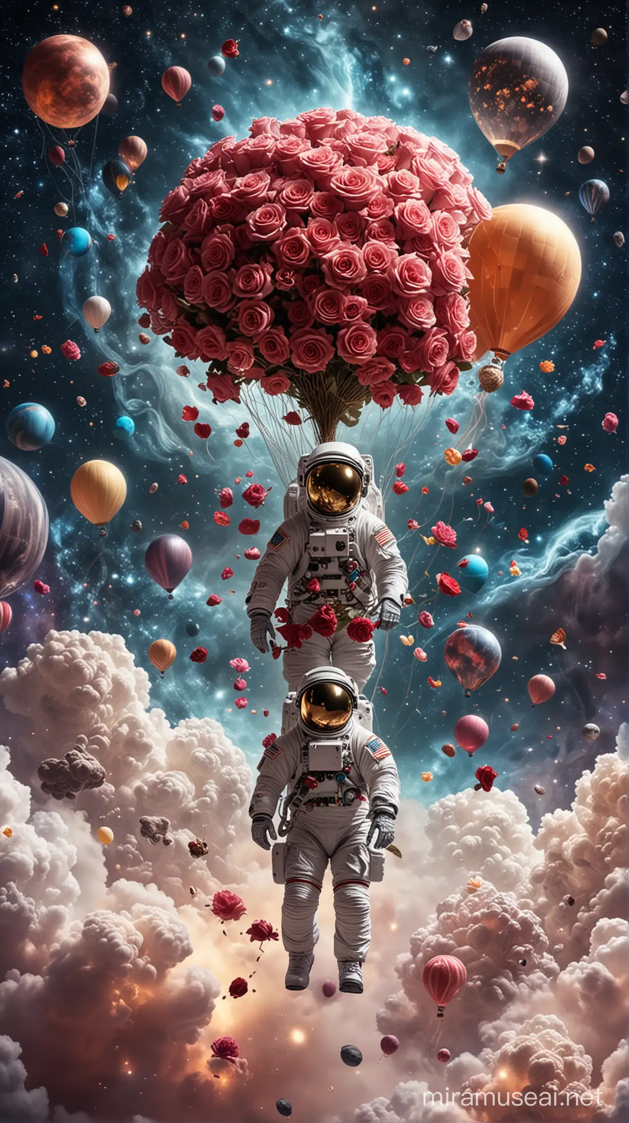 Astronauta paseando sobre las nubes con un ramo de rosas en la mano, con fondo el universo lleno de planetas, estrellas y globos aerostáticos.