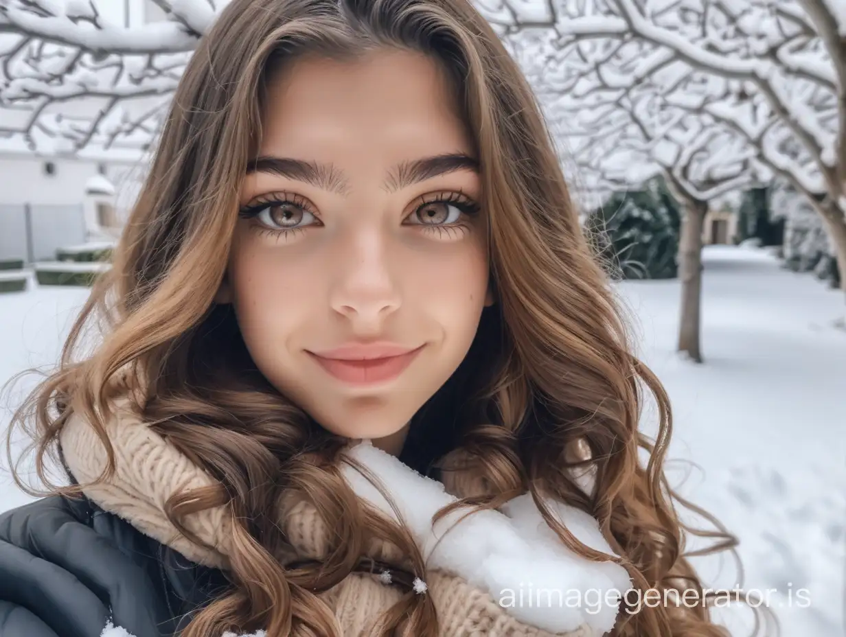 a photo of Michela, an Italian prosperous girl just came back home from college with brown wavy hair, taking a self hot picture relaxing in the garden with snow around AI videos