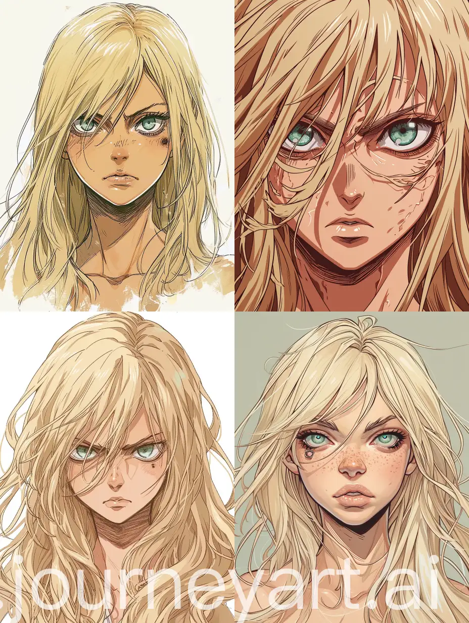 Attack on Titan, Shingeki no Kyojin, beautiful young blonde girl, long tousled hair, sharp eyes, tan skin, mole under right eye, pale green-blue eyes, fierce, thick eyebrows, head, muted pastel colors, detailed, retro style