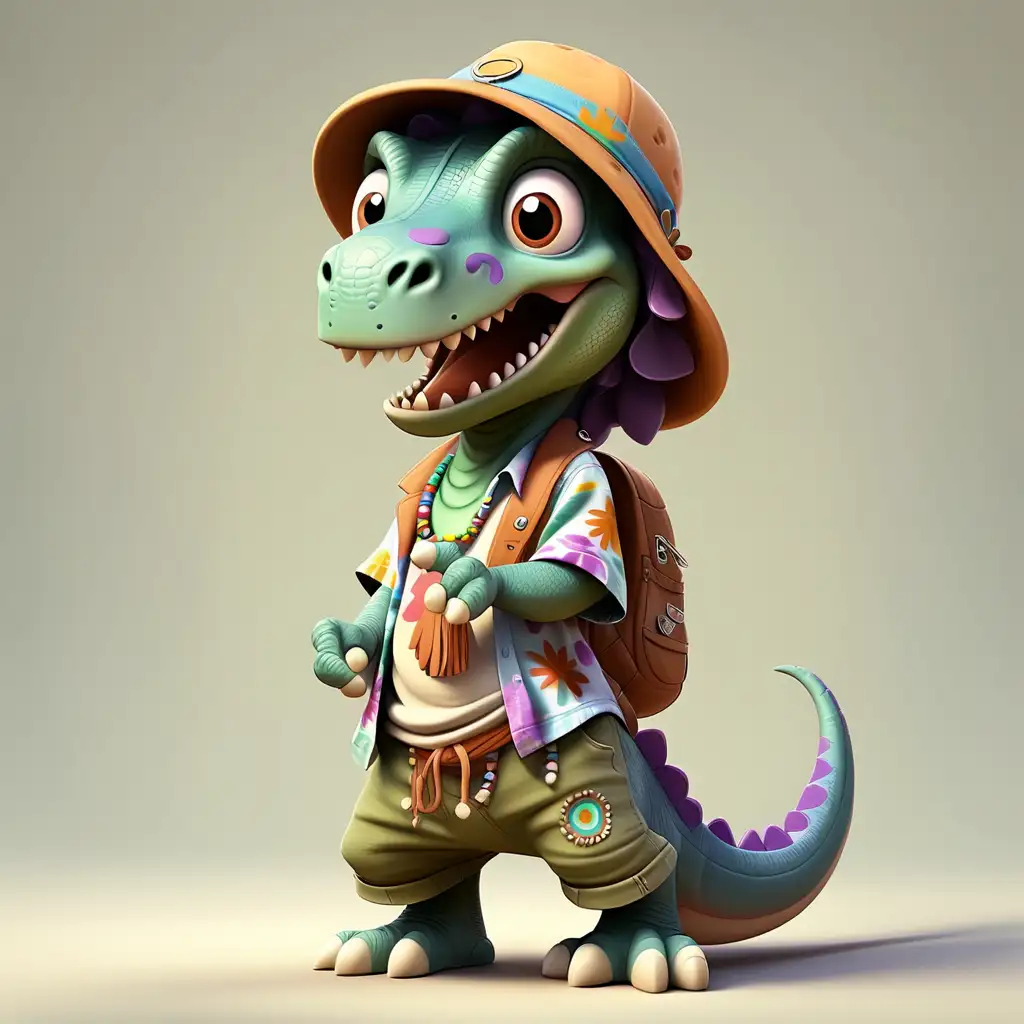 a cute dinosaur in full body cartoon style with Hippie clothes with clear background