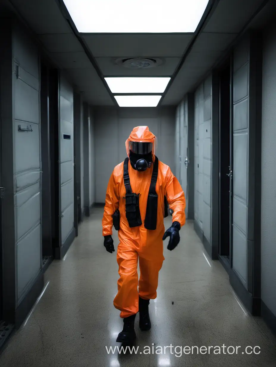 A man in an orange protective suit and a black helmet leaves a dark military complex