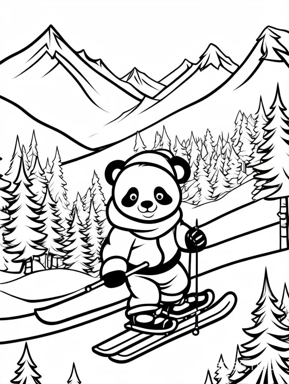 A panda skiing in the alps, Coloring Page, black and white, line art, white background, Simplicity, Ample White Space. The background of the coloring page is plain white to make it easy for young children to color within the lines. The outlines of all the subjects are easy to distinguish, making it simple for kids to color without too much difficulty