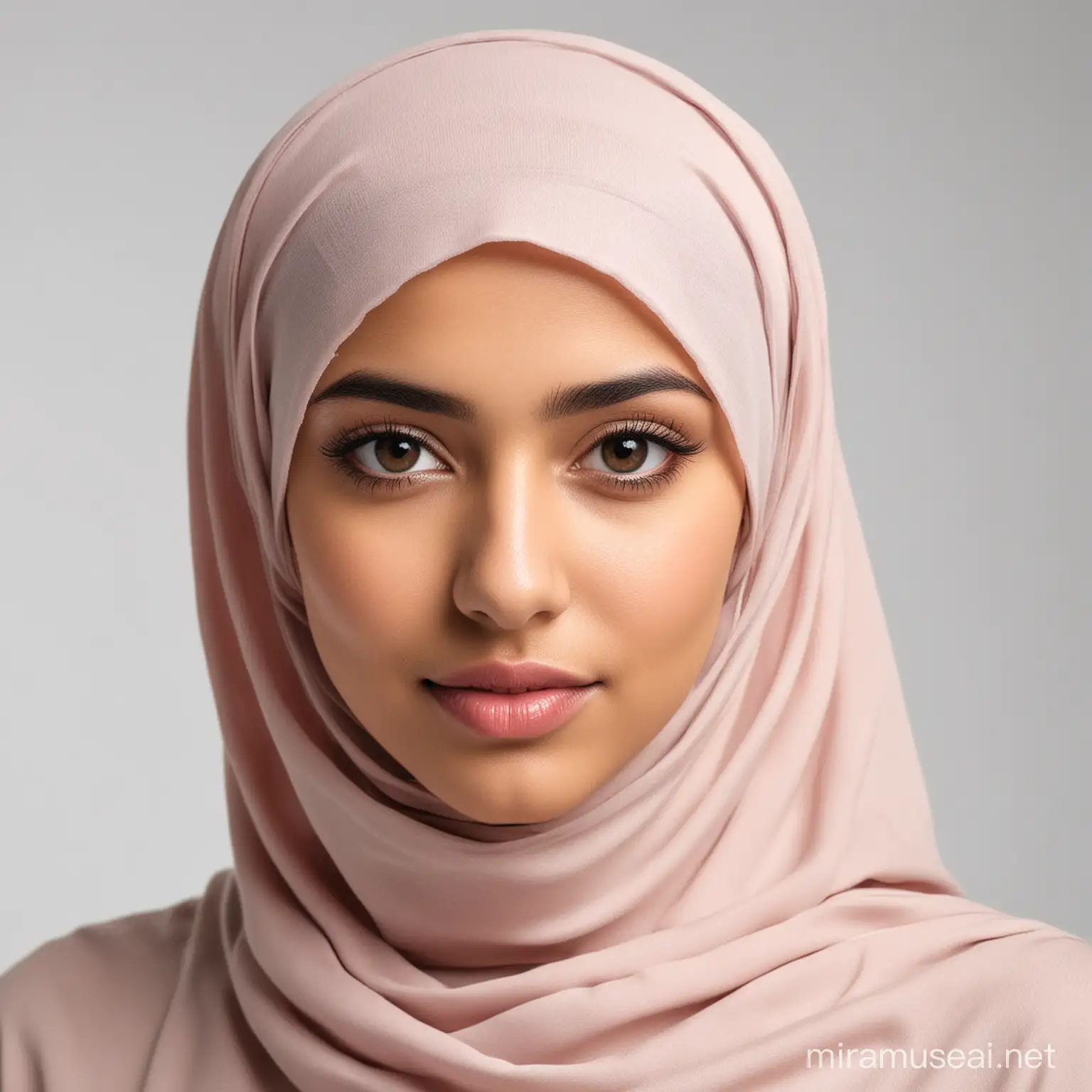 Modern Young Saudi Woman with hijab white background studio light hair must not be visible
