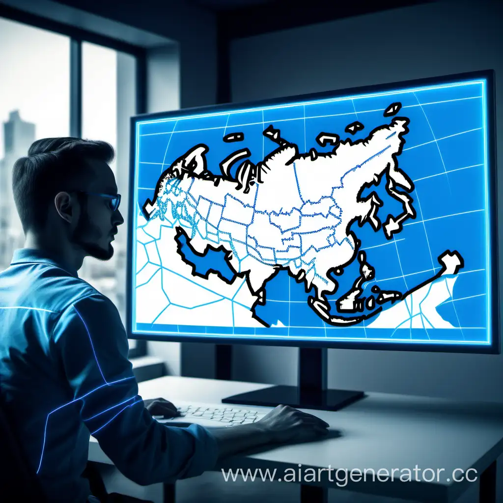 нарисуй компьютер, где на экране будет нарисовано карта россии, все подсвечено синим, стиль будущего

