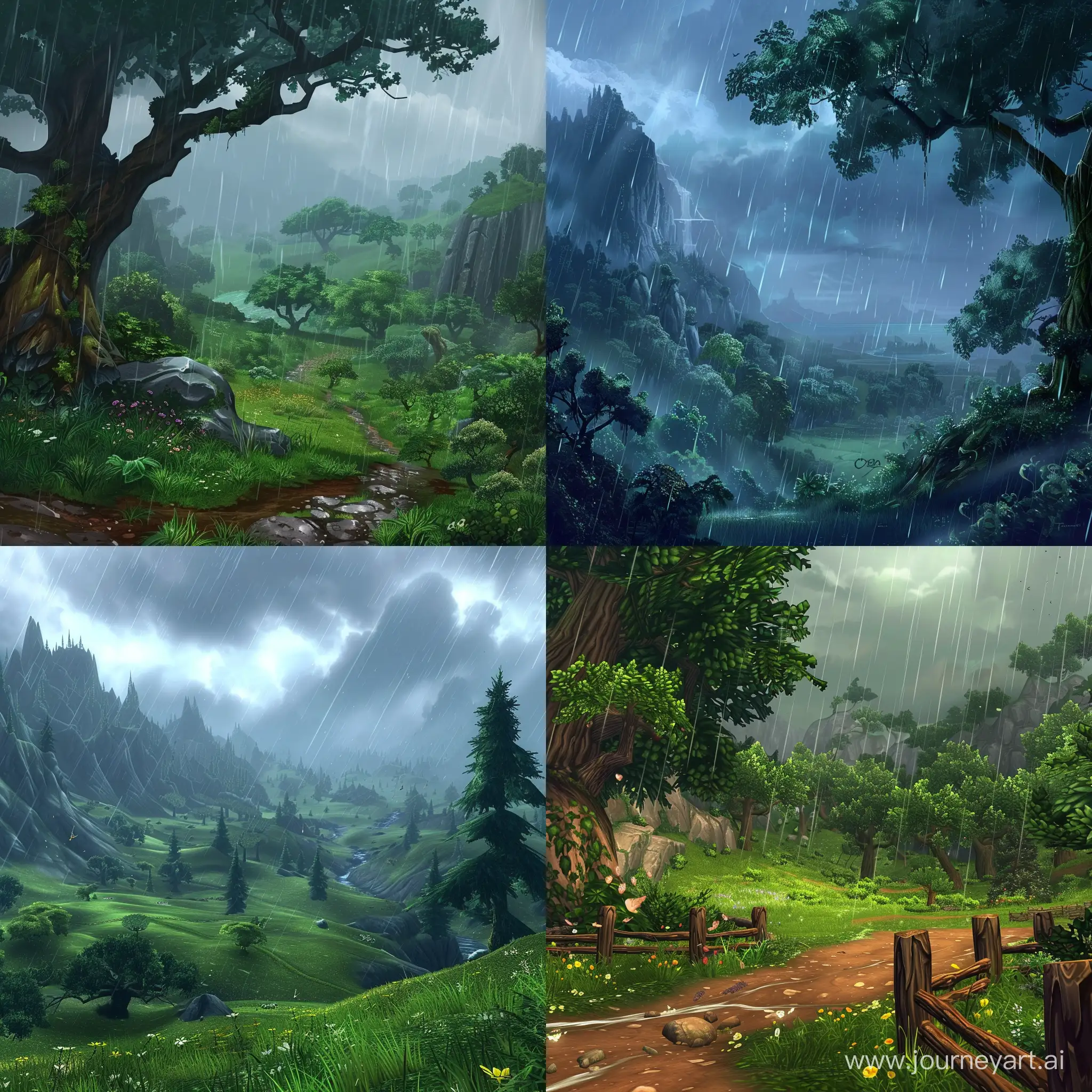 creame un paisaje hermoso con lluvia de fondo con la tematica de Worlf Of Warcraft