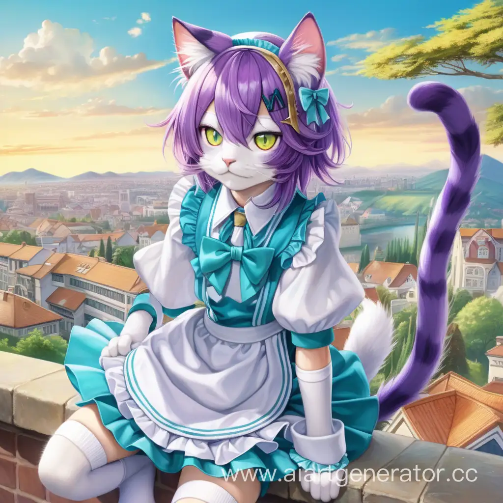 White-Cat-with-Long-Purple-Hair-and-Turquoise-Strands-Meme-in-Maid-Costume-Against-Landscape-Backdrop