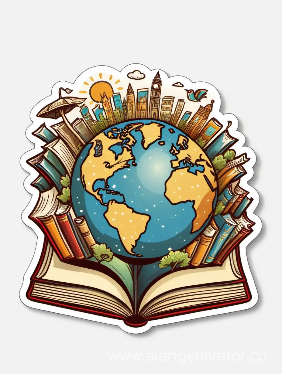 imagine prompt:Book in the world, Sticker, Exhilarated, Earthy, Folk Art, Contour, Vector, White Background, Detailed