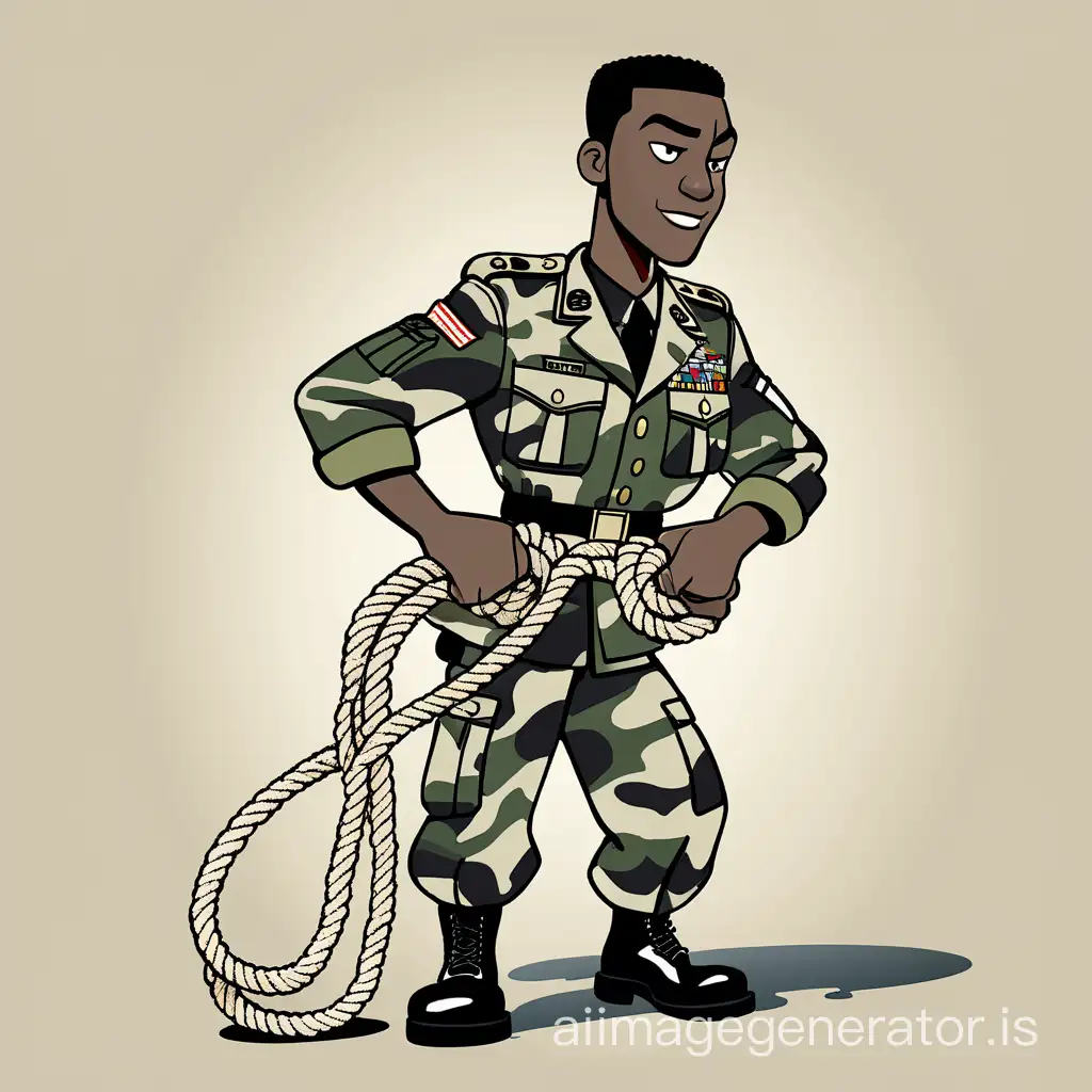 a tall black cartoon wearing military camouflage uniform pulling a rope