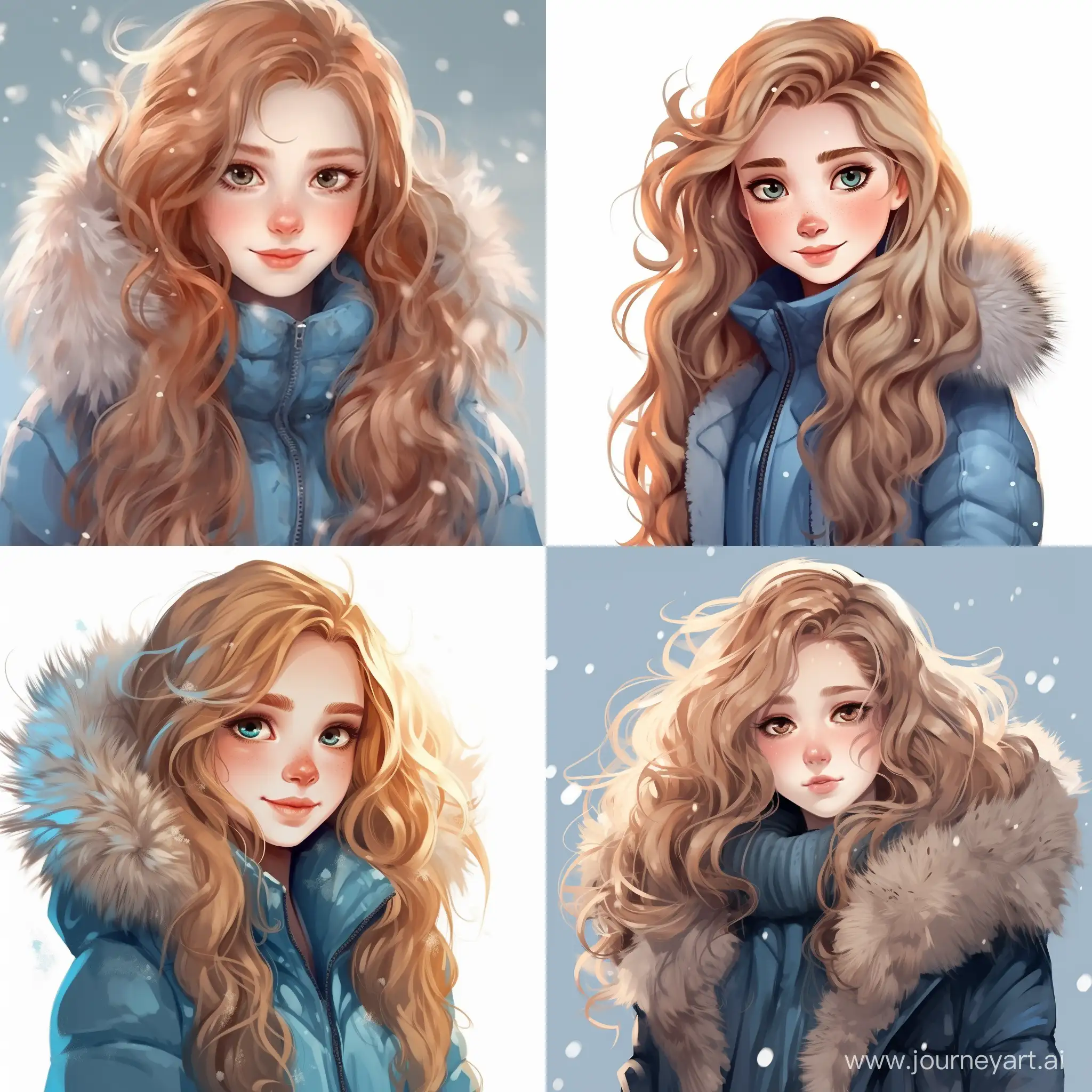beautiful girl, straight golden hair, gray-blue eyes, pale skin, teenager, 15 years old, nice, cozy, cute, in a blue fur coat, winter, snow, high quality, high detail, cartoon art