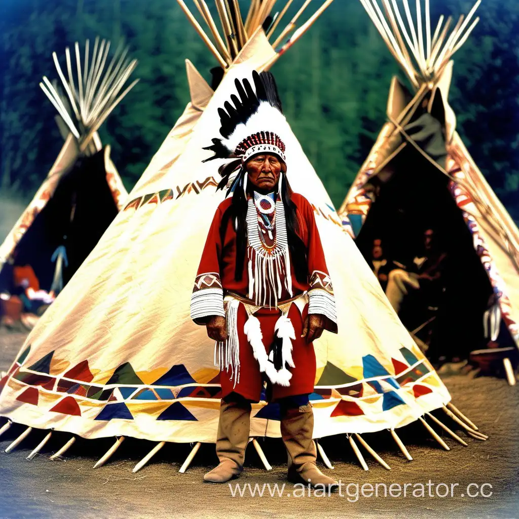 great indian chief,  dressed in traditional clothing, in indian teepee village, color photo
