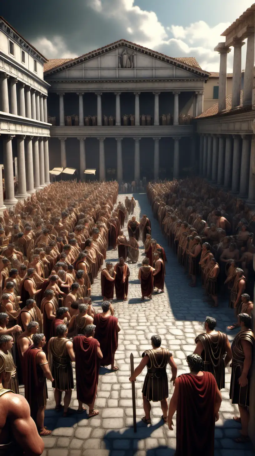 
create a hyper realistic image of ancient roman citizens gathering in a market place .
