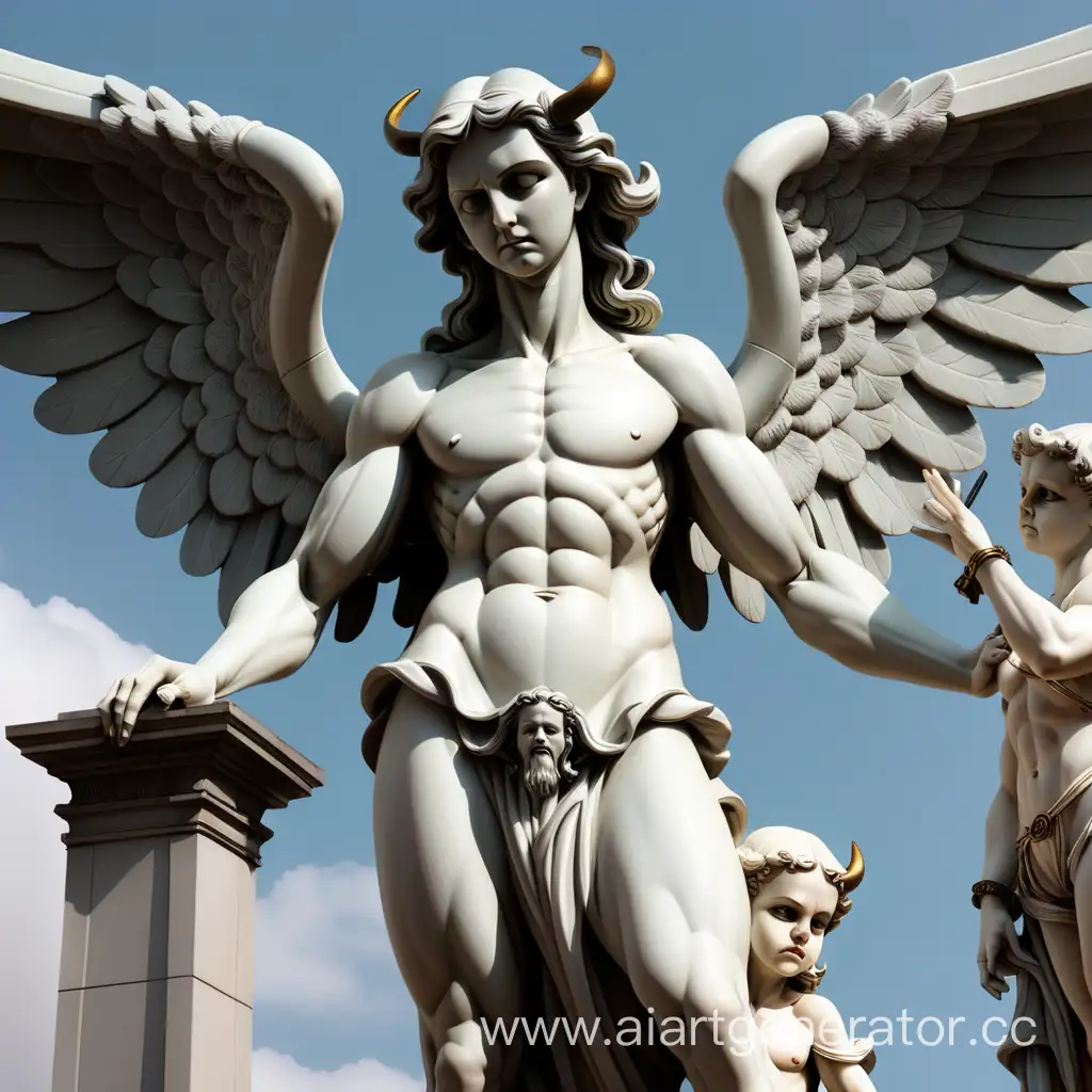 статуя вертикально поделена на две части одна из них ангел другая демон