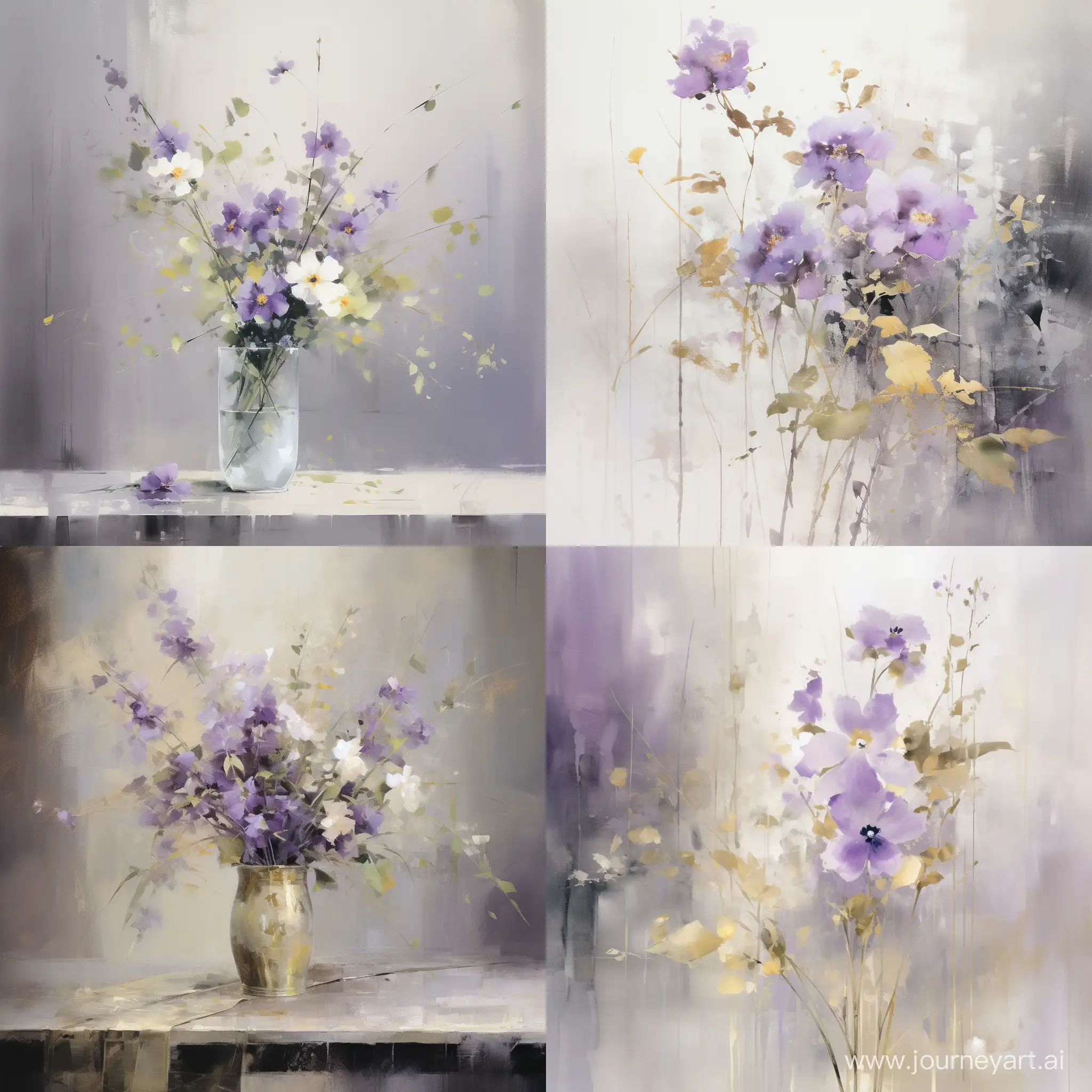 watercolor painting of small purple flowers in gold, in the style of light green and gray, xiaofei yue, helene schjerfbeck, willem haenraets, glass sculptures, dark white and dark purple, large canvas sizes