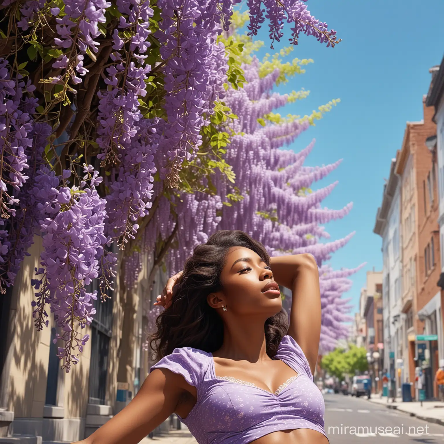 Lying on back with one leg crossed over.The image features a street lined with flowering trees, specifically blooming wisteria trees. The scene captures a beautiful spring day with purple flowers in full bloom against a backdrop of buildings and a clear blue sky.Black woman beautiful face is shown.  The woman's body parts such as chest, thigh, stomach, and abdomen are visible.painterly smooth, extremely sharp detail, finely tuned detail, 8 k, ultra sharp focus, illustration, illustration, art by Ayami Kojima Beautiful Thick Black