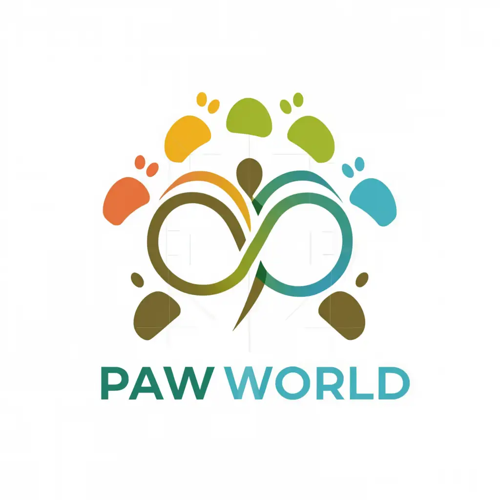 a logo design,with the text "Paw World", main symbol:'P' and 'W' interlooped with Paw signs around,Moderate,be used in Animals Pets industry,clear background
