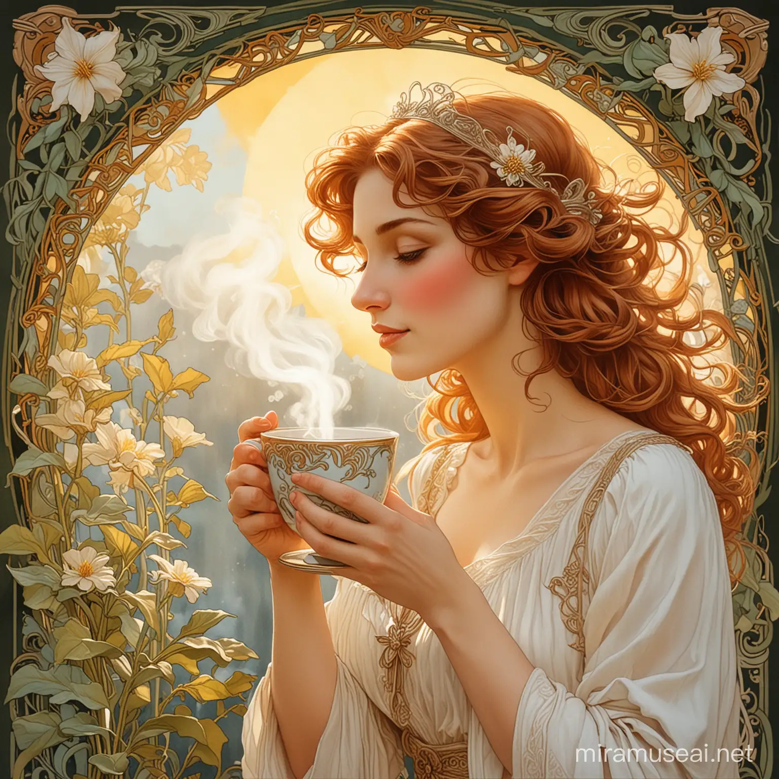 art nouveau woman drinking coffee, steam, sunshine, blessings