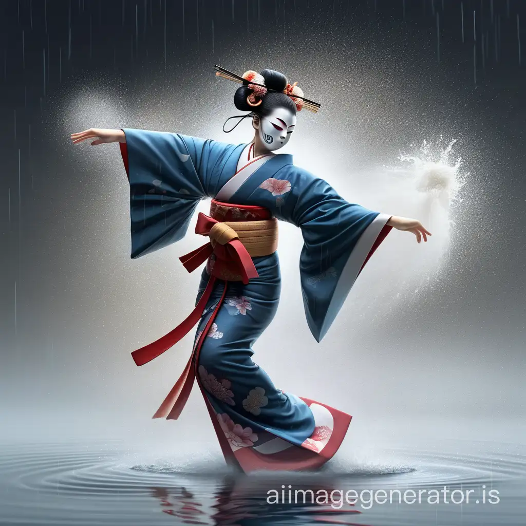 a noh masked female kimono dancer, mysterious rainy spiritual ceremony surface on the water, dancing battle vs buddha, mysterious soulful incense