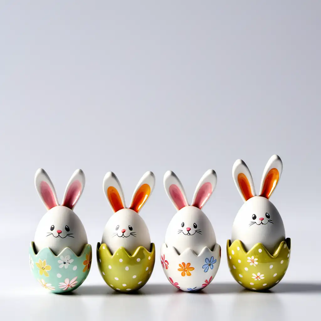 Adorable Easter Ceramics Playful Bunnies and Simple Egg Delight on a White Background