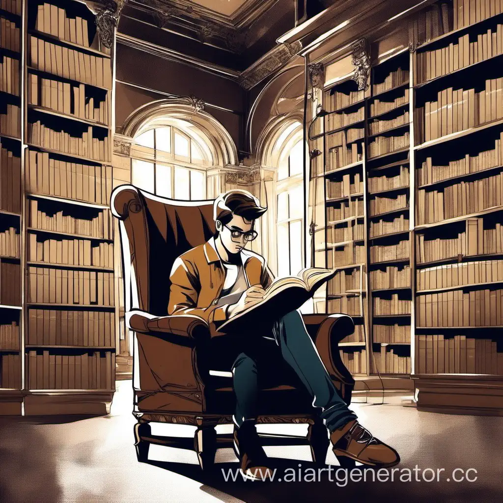 young man, in the library, reading a book, white