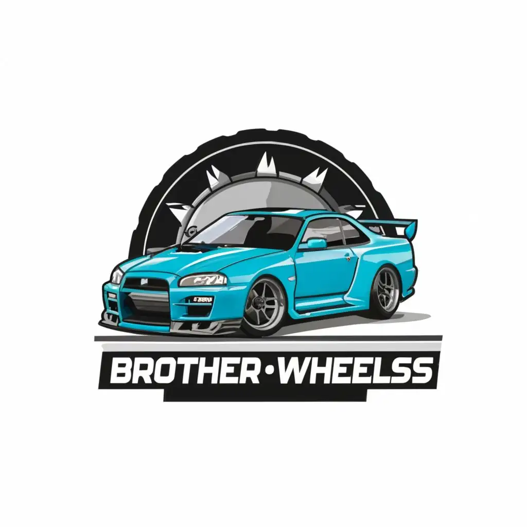 a logo design,with the text "Brother Wheels", main symbol:Nissan Skyline R34 car,Moderate,be used in Automotive industry,clear background