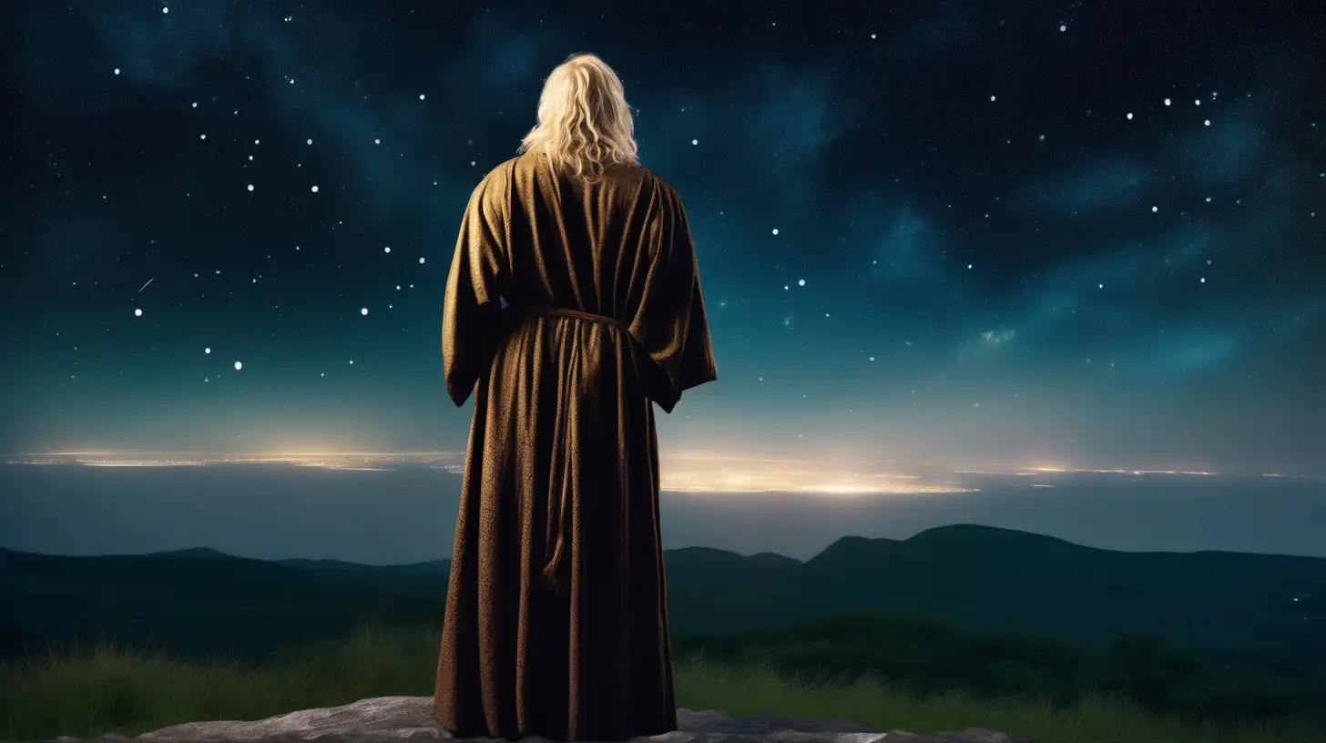 Cinematic still of a Bronze Age handsome blonde Druid in a Celtic robe looking up at a vast night sky at the Lyra constellation