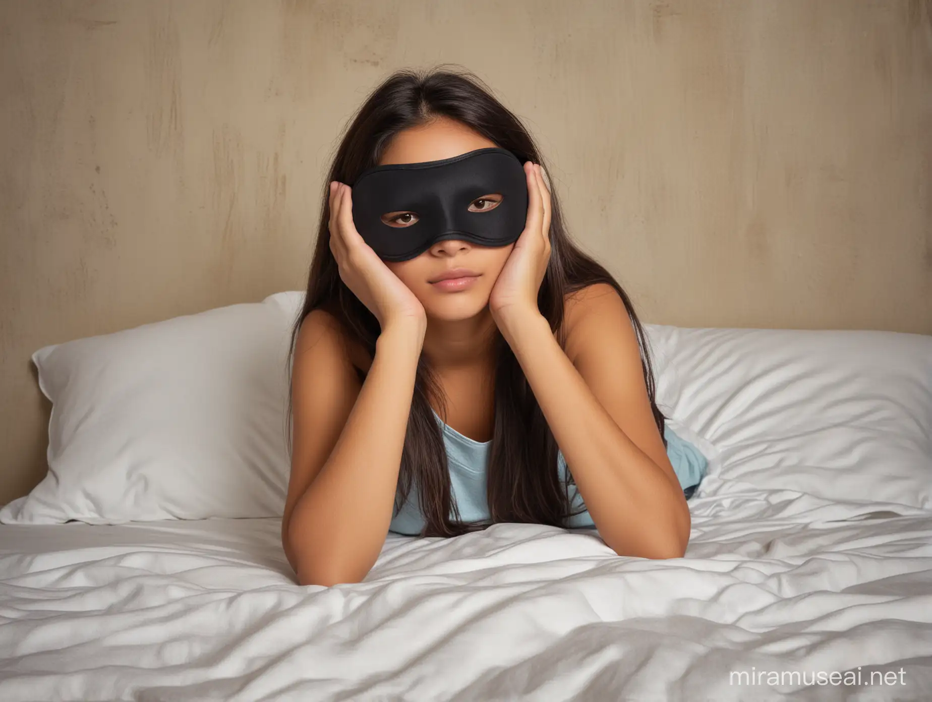 Melancholic Latina Teenager Wearing Sleep Mask