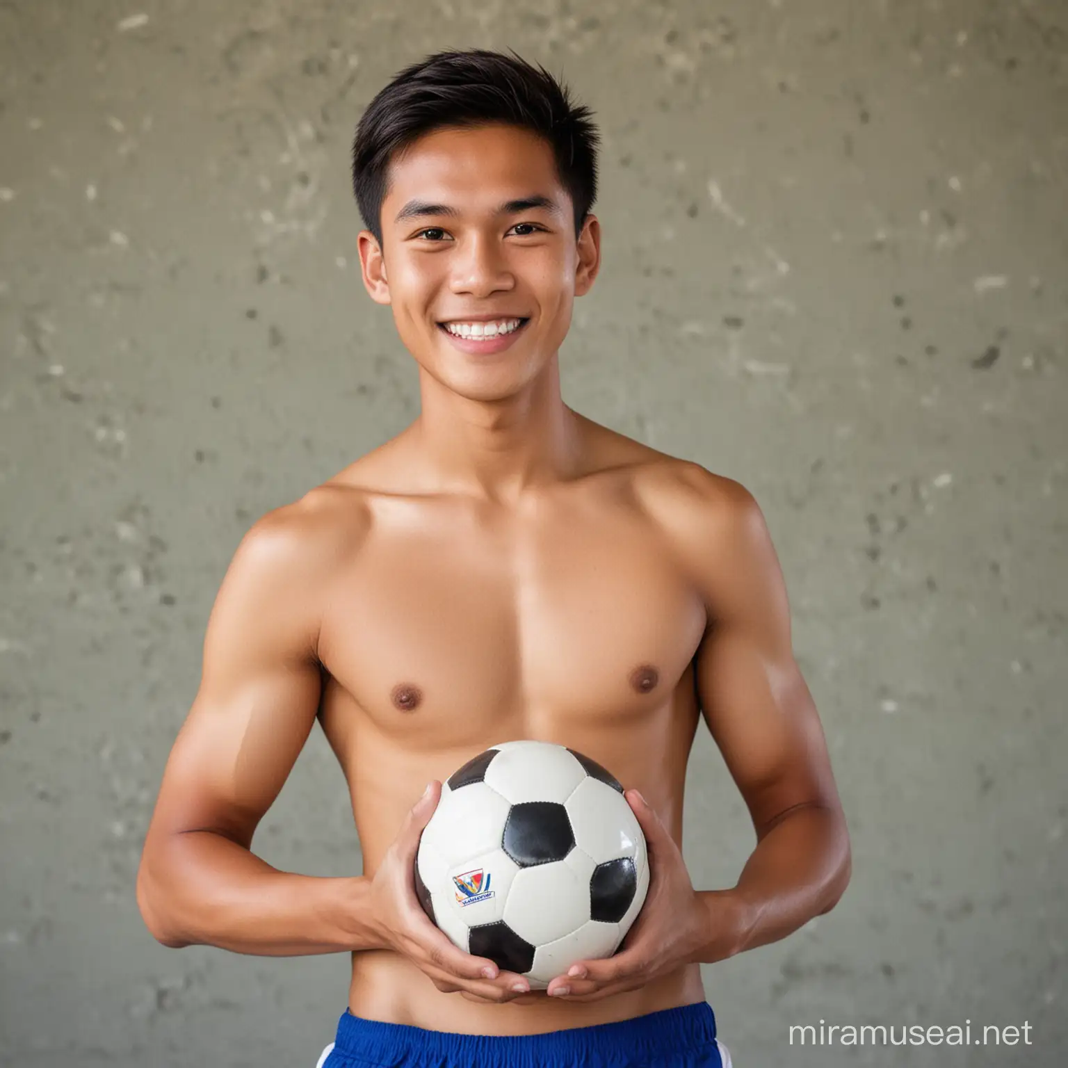 A Philippine male student in a Philippine school uniform, shirtless, stands and holds a soccer ball. Smiling showing dimples on the cheeks, 