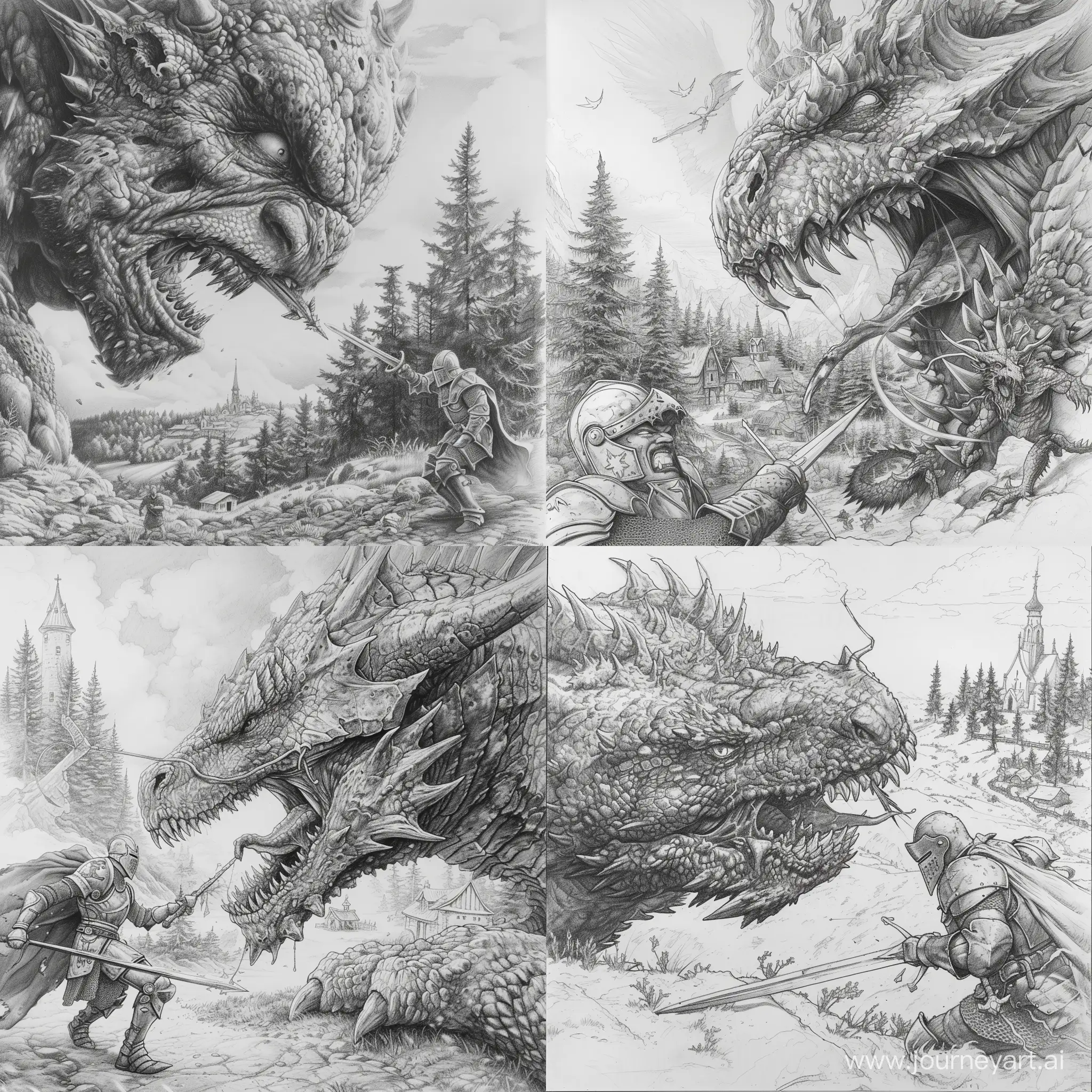 Fierce-Knight-Battling-Giant-Dragon-in-Pine-Forest-Landscape