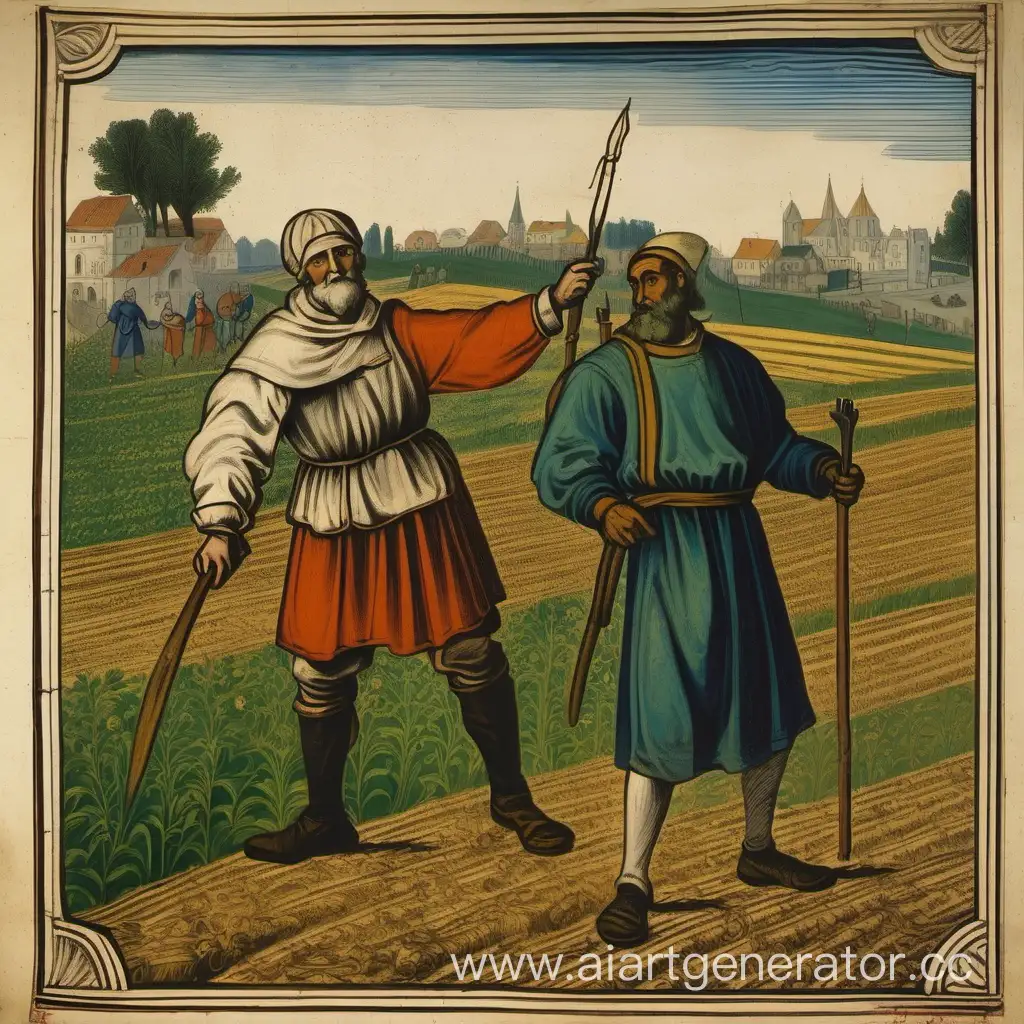 peasant working in the field, commanding the peasant vassal, and bishop