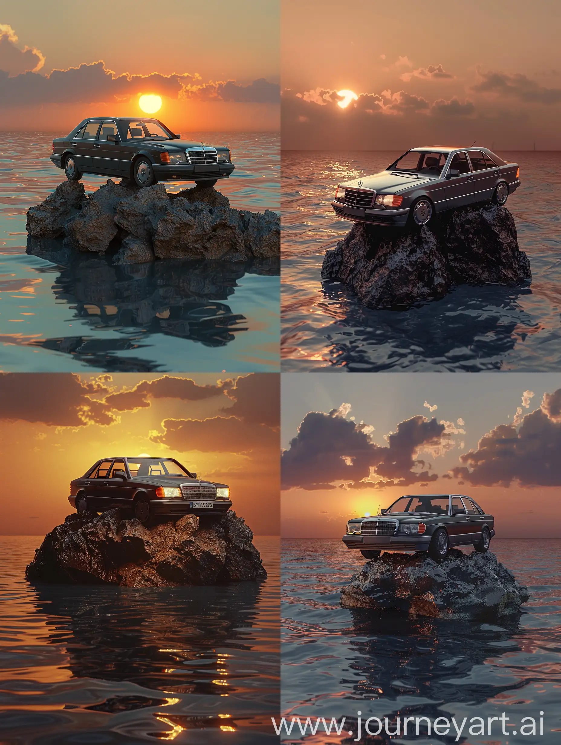 A Car on top of a very small Island In the middle of the Sea: Mercedes Benz W140 S320, Details of the Car are black and gray, Sunset, Realistic Sunlight Reflections, Extremely Details, High Quality --ar 3:4