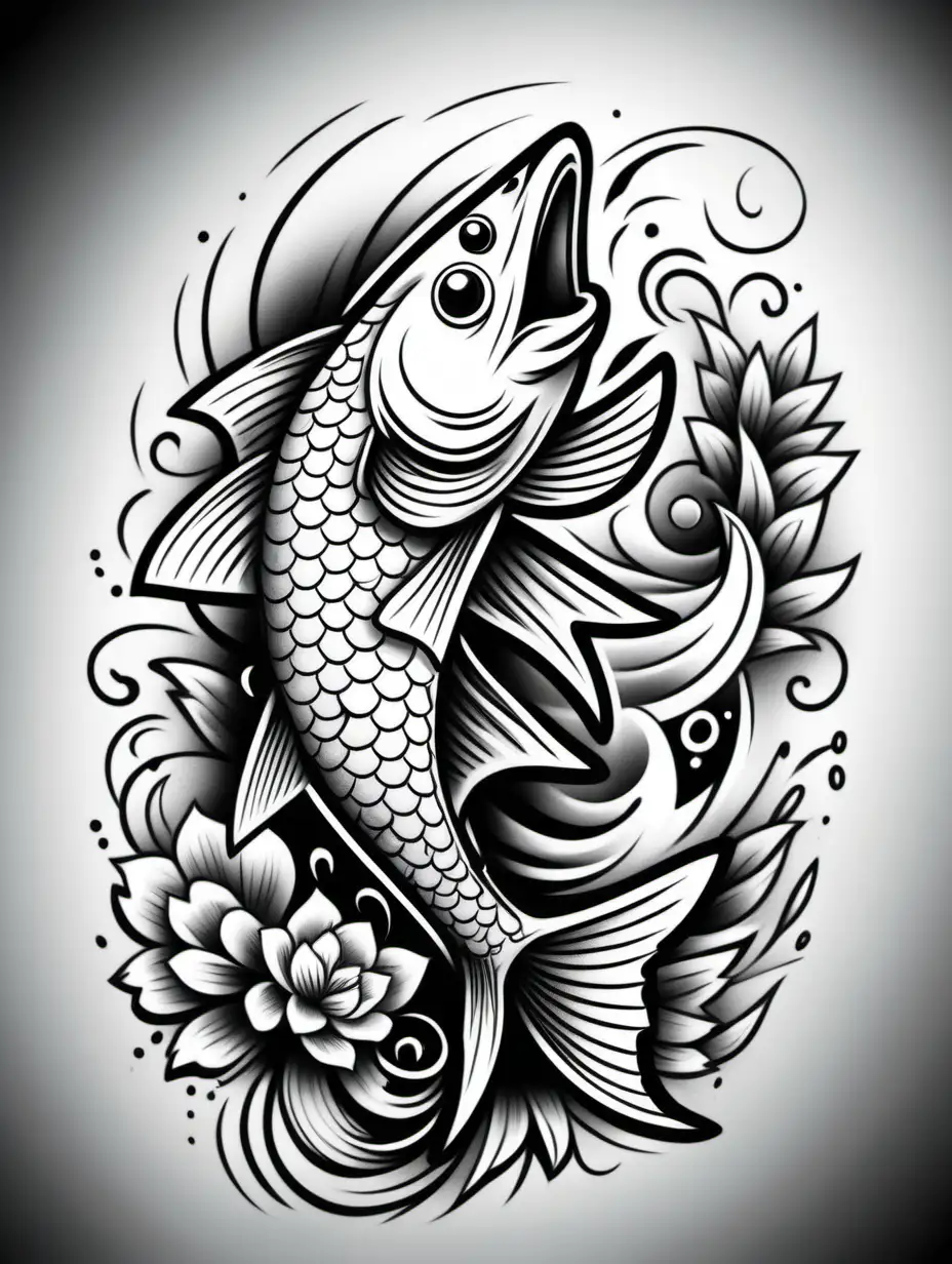 black and white background tattoo style sleeve style graffiti style floral style doodle  style cartoon style fishing style