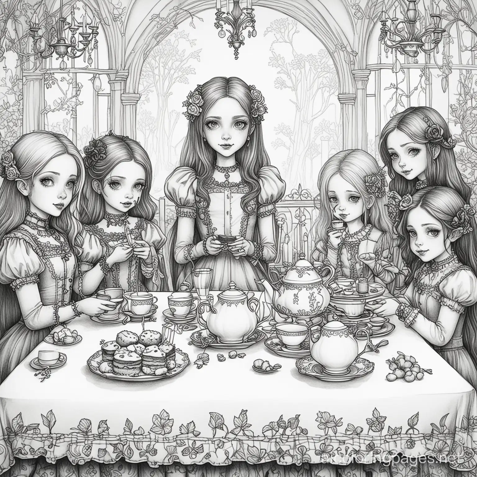 gothic tea party, Coloring Page, black and white, line art, white background, Simplicity, Ample White Space. The background of the coloring page is plain white to make it easy for young children to color within the lines. The outlines of all the subjects are easy to distinguish, making it simple for kids to color without too much difficulty