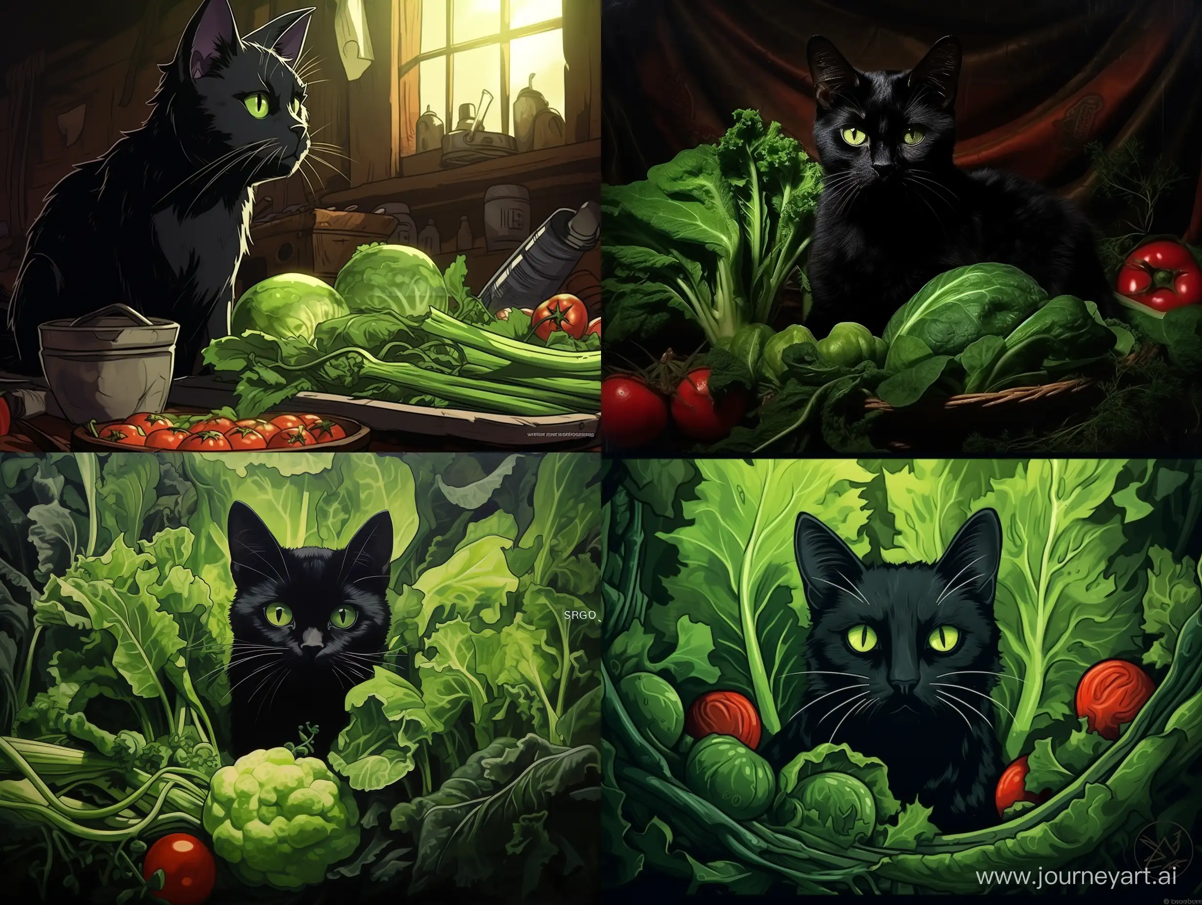 Playful-Black-Cat-Enjoying-NutrientRich-Spinach-Delight