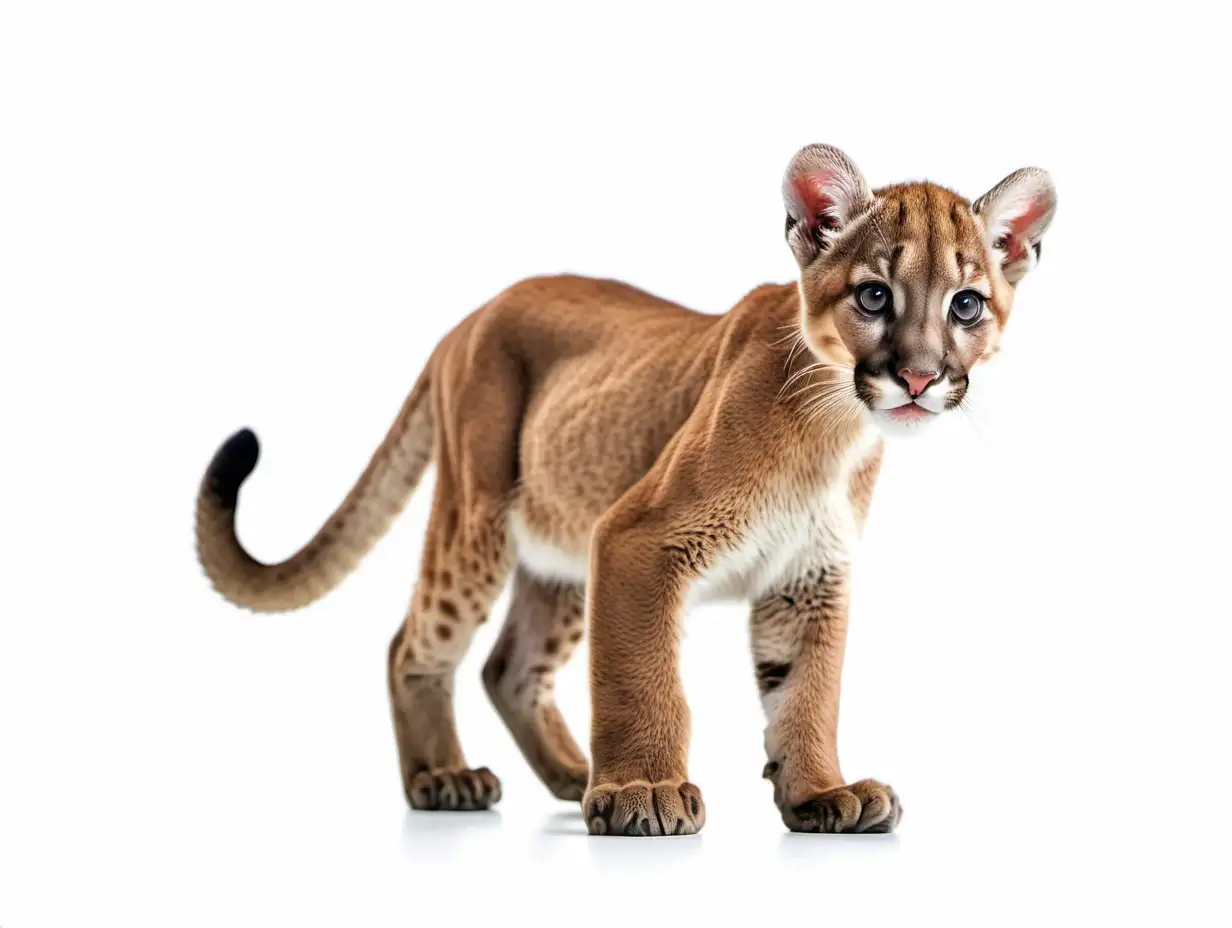 Cute little cougar in full growth. White background