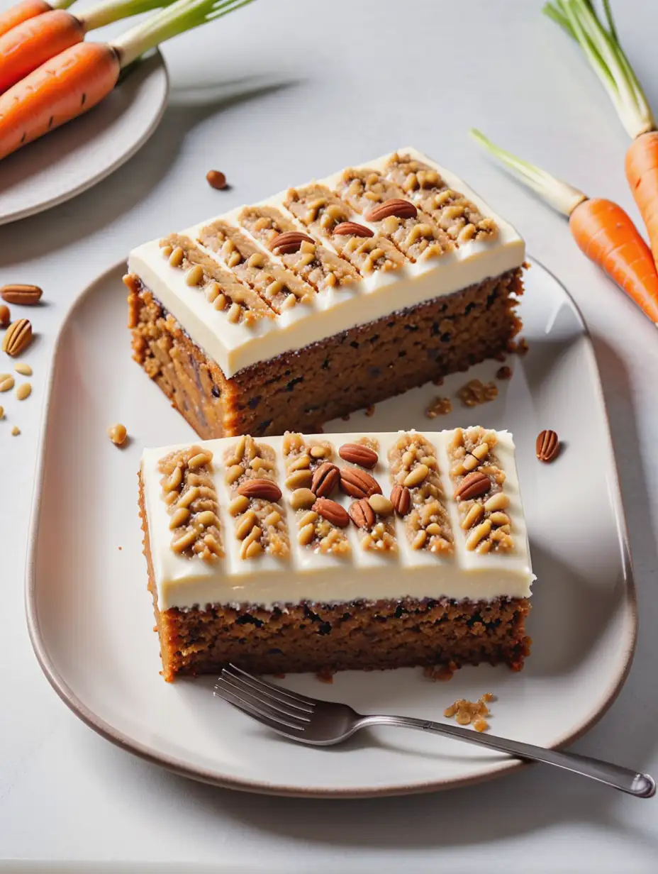 Two slices of carrot cake with varying nut and cream cheese frosting patterns.