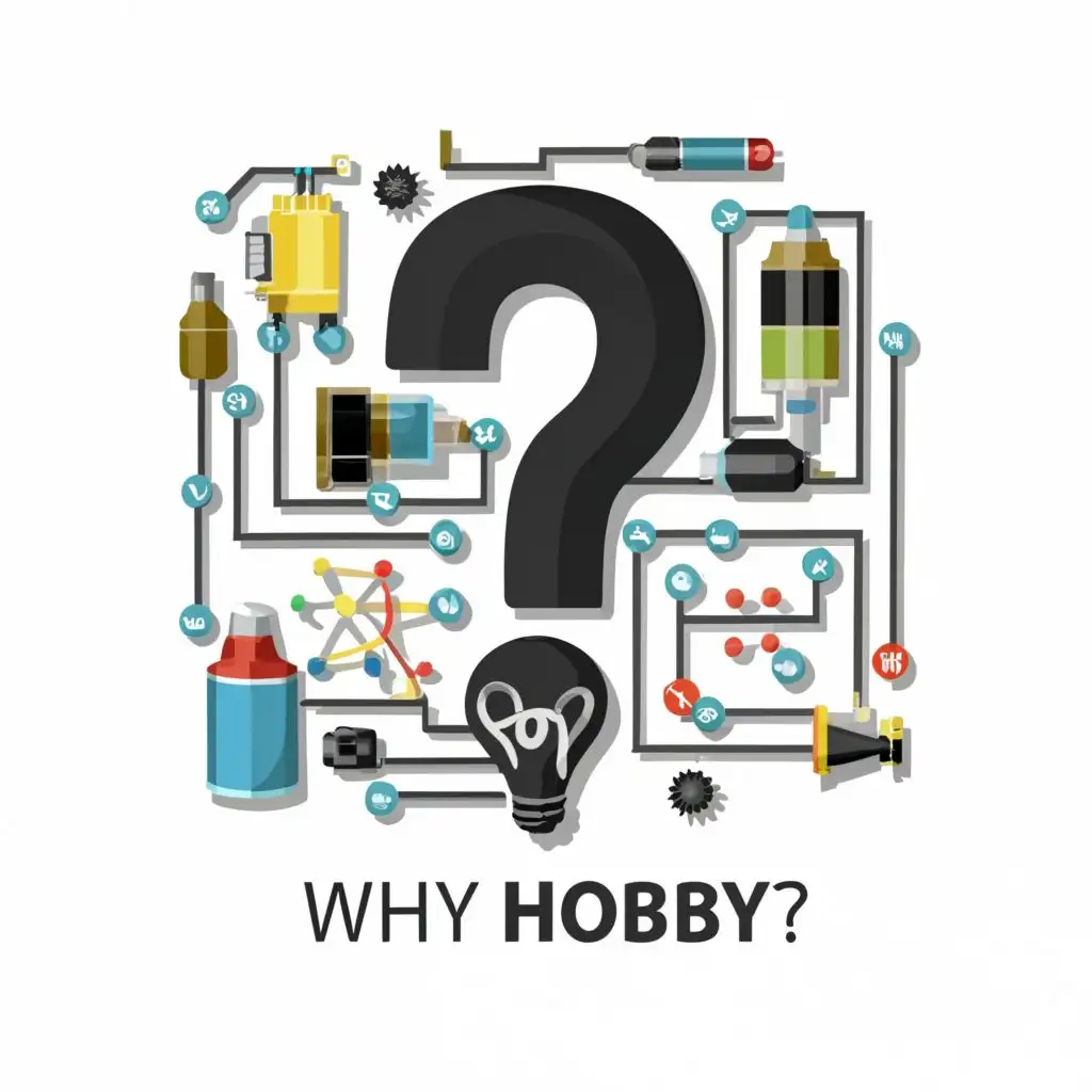 logo, electronic circuit, electronic components, airbrush tool, miniature paint bottle, miniature painting brush shaped like a question mark symbol., with the text "Why Hobby", typography, be used in Internet industry