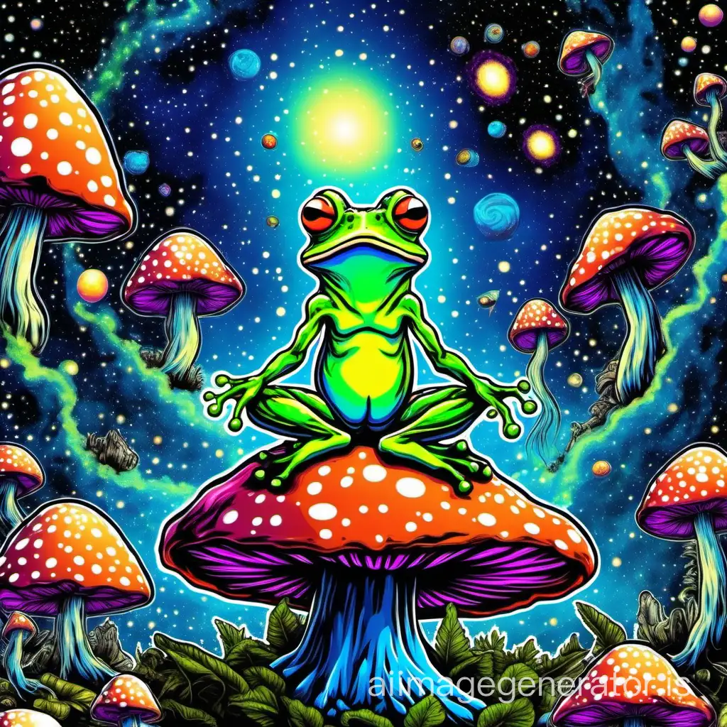 trippy frog meditating on a mushroom in space with a psychedelic background