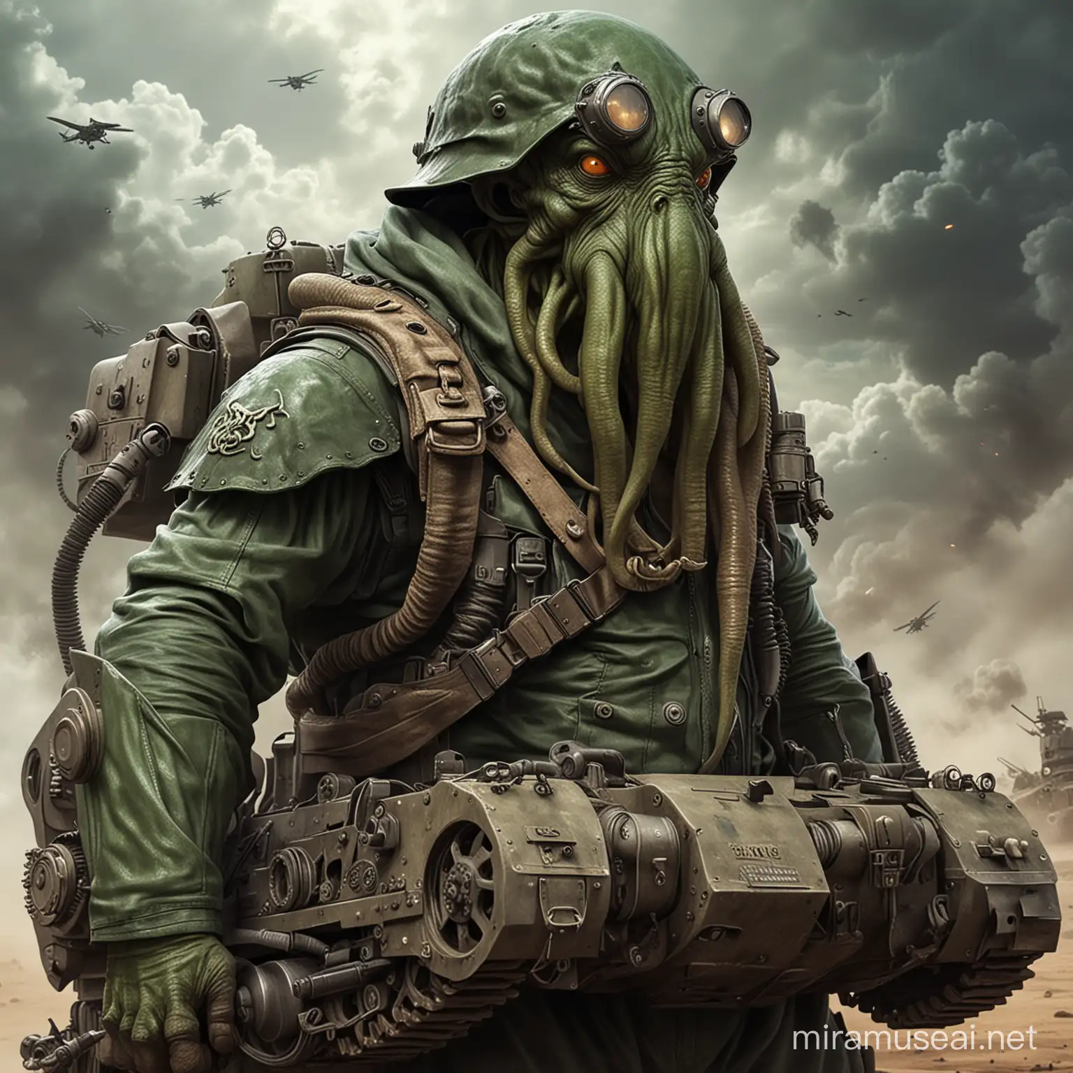 Cthulhu dressed as a tank driver at war