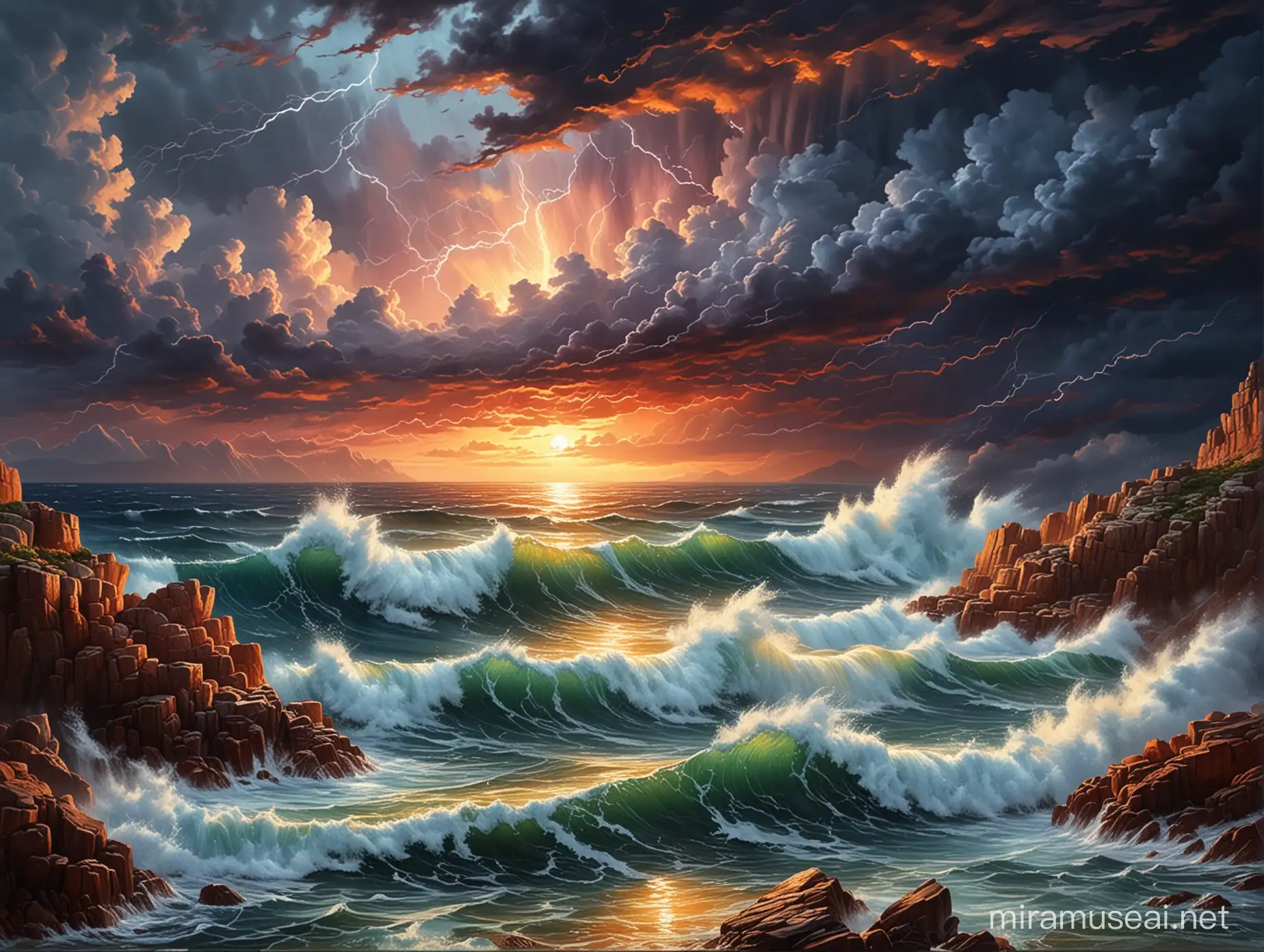 Stormy Seascape Majestic Rocky Shore under Crimson Sunset