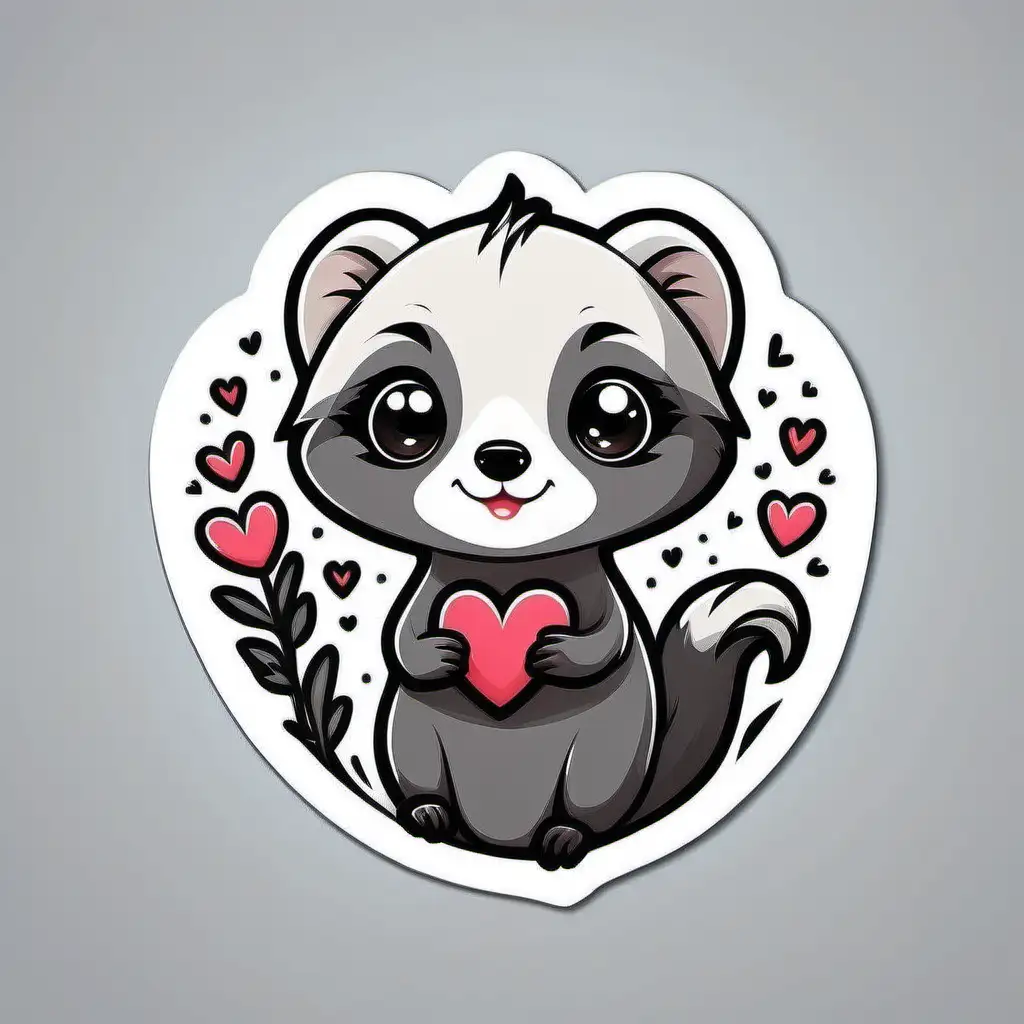 valentine Sticker, sable ferret, black and white, cartoon, contour, vector, white background