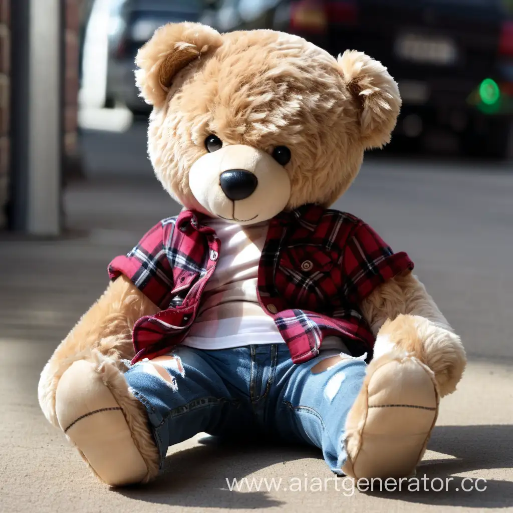 Adorable-Plush-Teddy-Bear-Wearing-Stylish-Plaid-Shirt-and-Ripped-Jeans